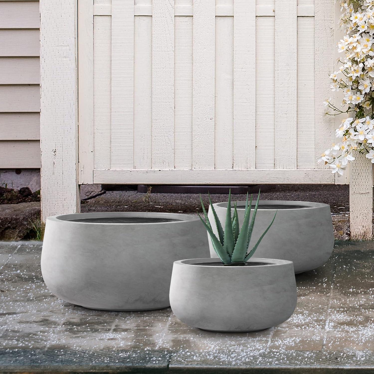 Set of 3 Round Gray Concrete Planters with Drainage