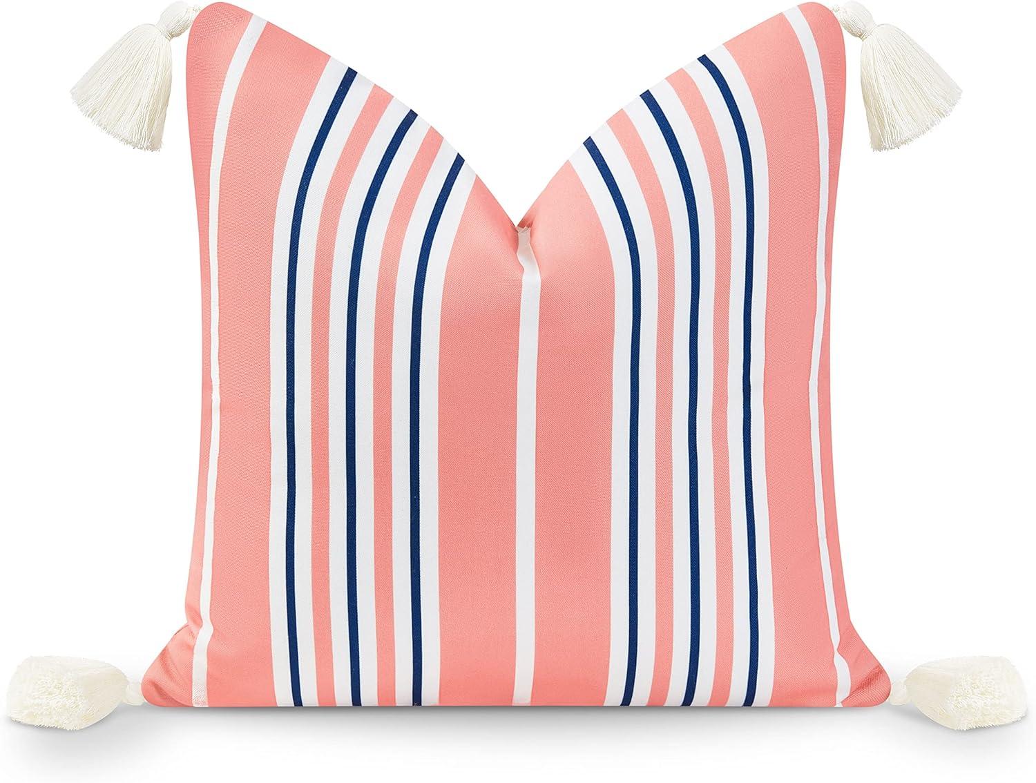 Hofdeco Premium Coastal Patio Indoor Outdoor Throw Pillow Cover Only, 18"x18" Water Resistant for Backyard, Couch, Coral Pink Navy Blue Stripe Tassel