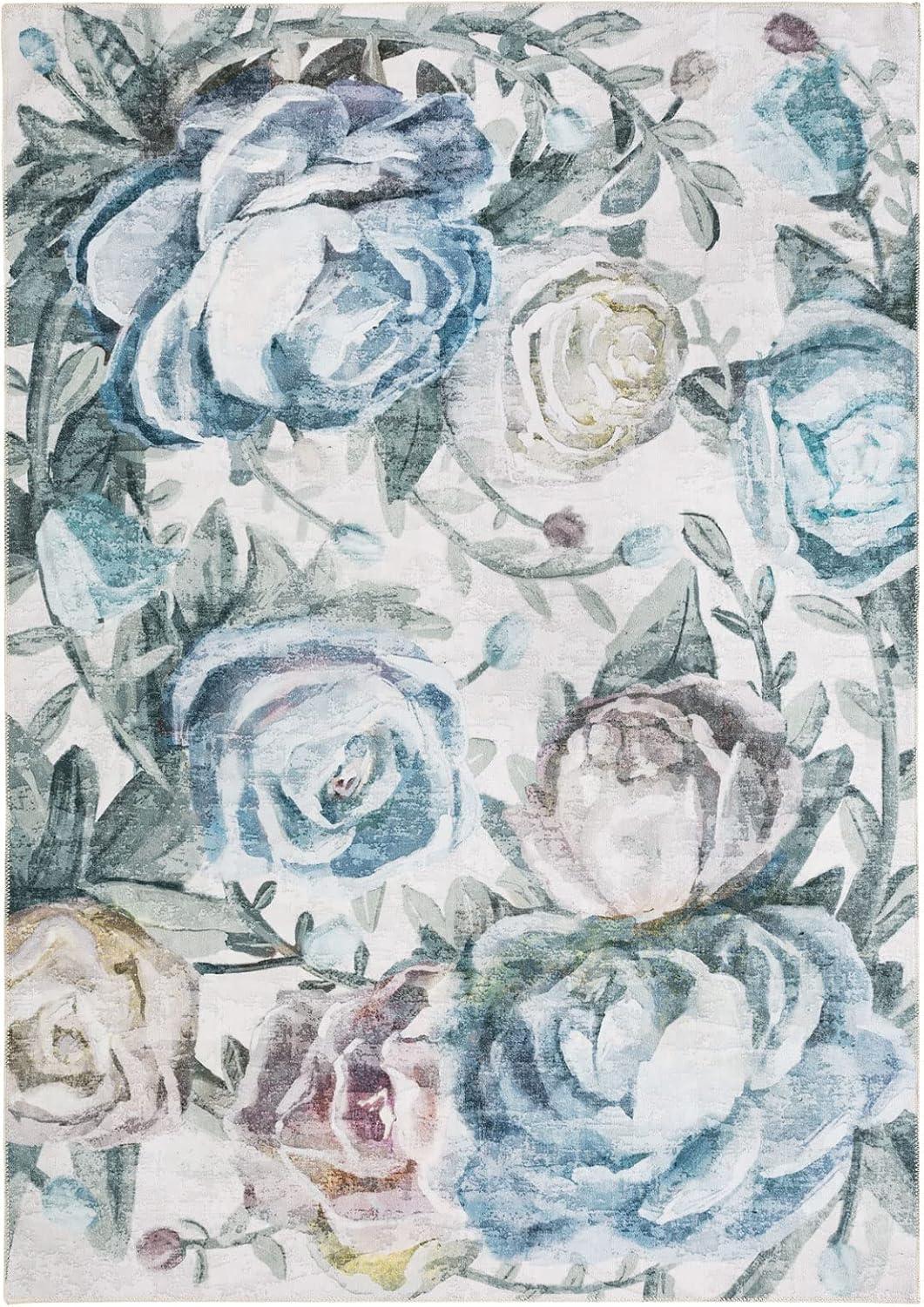 Blue Floral Synthetic Machine-Woven Washable Area Rug