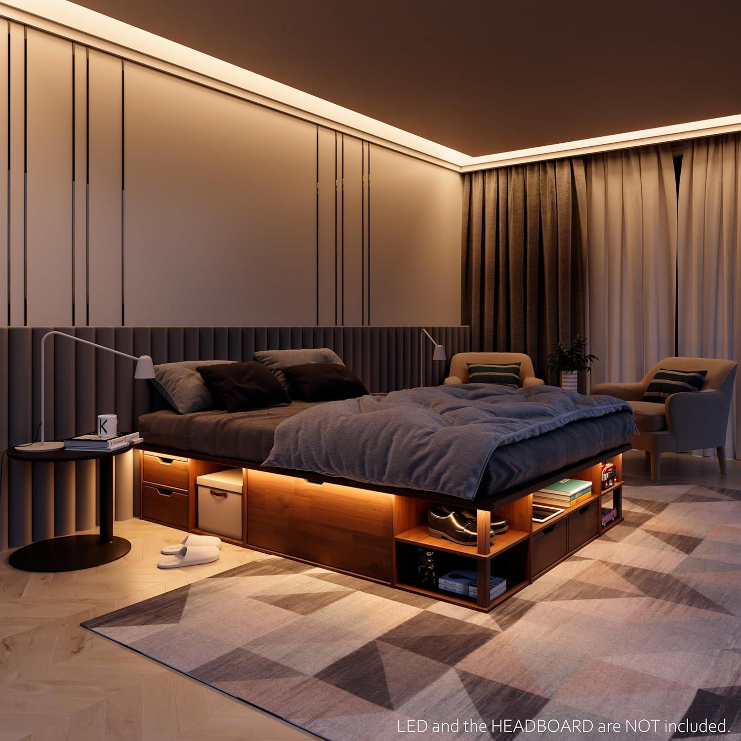 LETTO Capri Queen Size Wood Platform Storage Bed Frame with Drawers and Built-in Shelves, Storage Platform Bed Great for Couples Room Organization, Solid Wood Bed, Smooth Finish (Golden Brown)