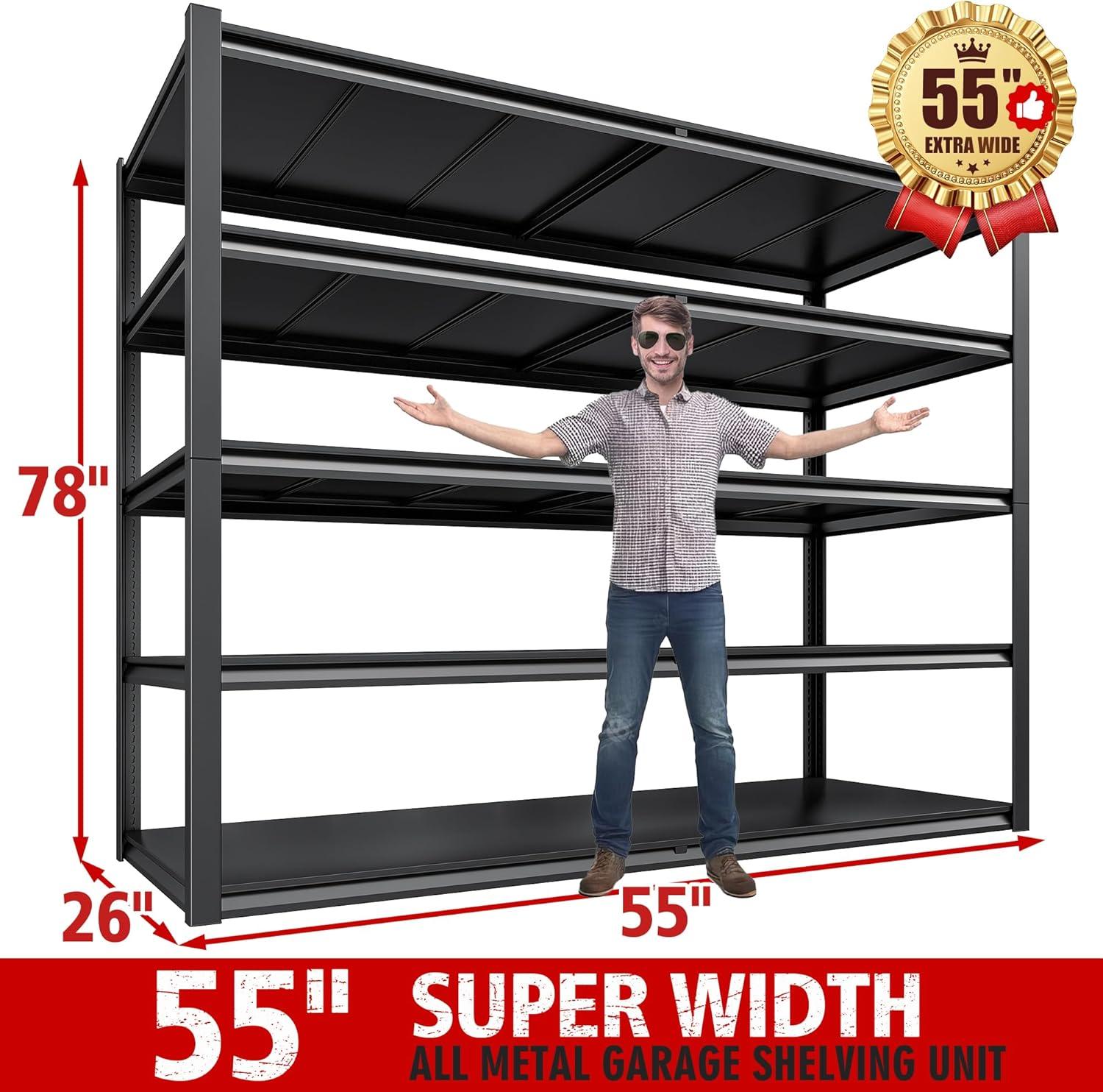 REIBII 55" W Garage Shelving Unit 3000LBS Heavy Duty Metal Shelving Adjustable Storage Rack