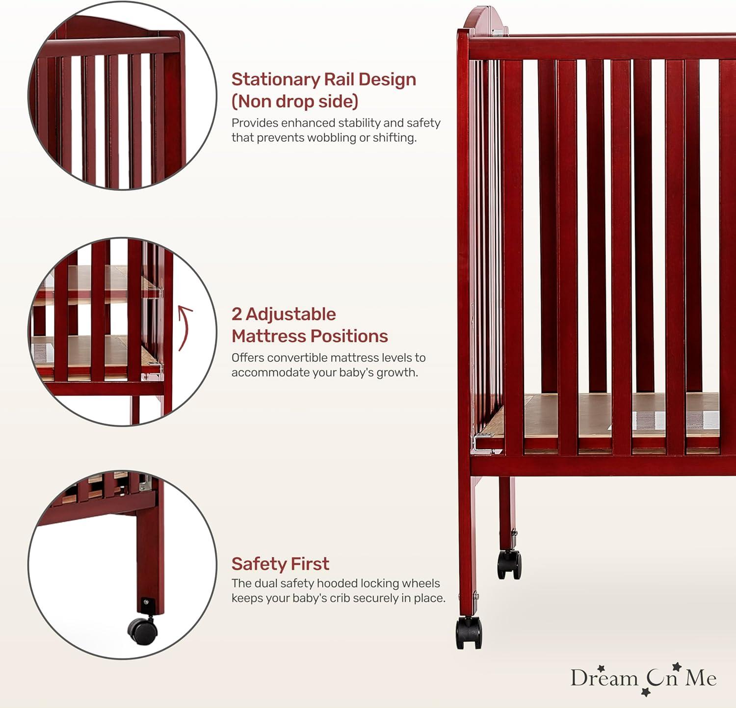 Dream On Me Full Size 2-in-1 Folding Stationary Side Crib, Locking Wheels, Cherry