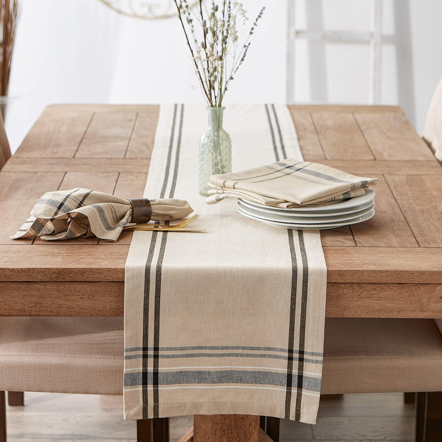 DII 14x108" Modern Cotton French Stripe Table Runner in Beige/Black