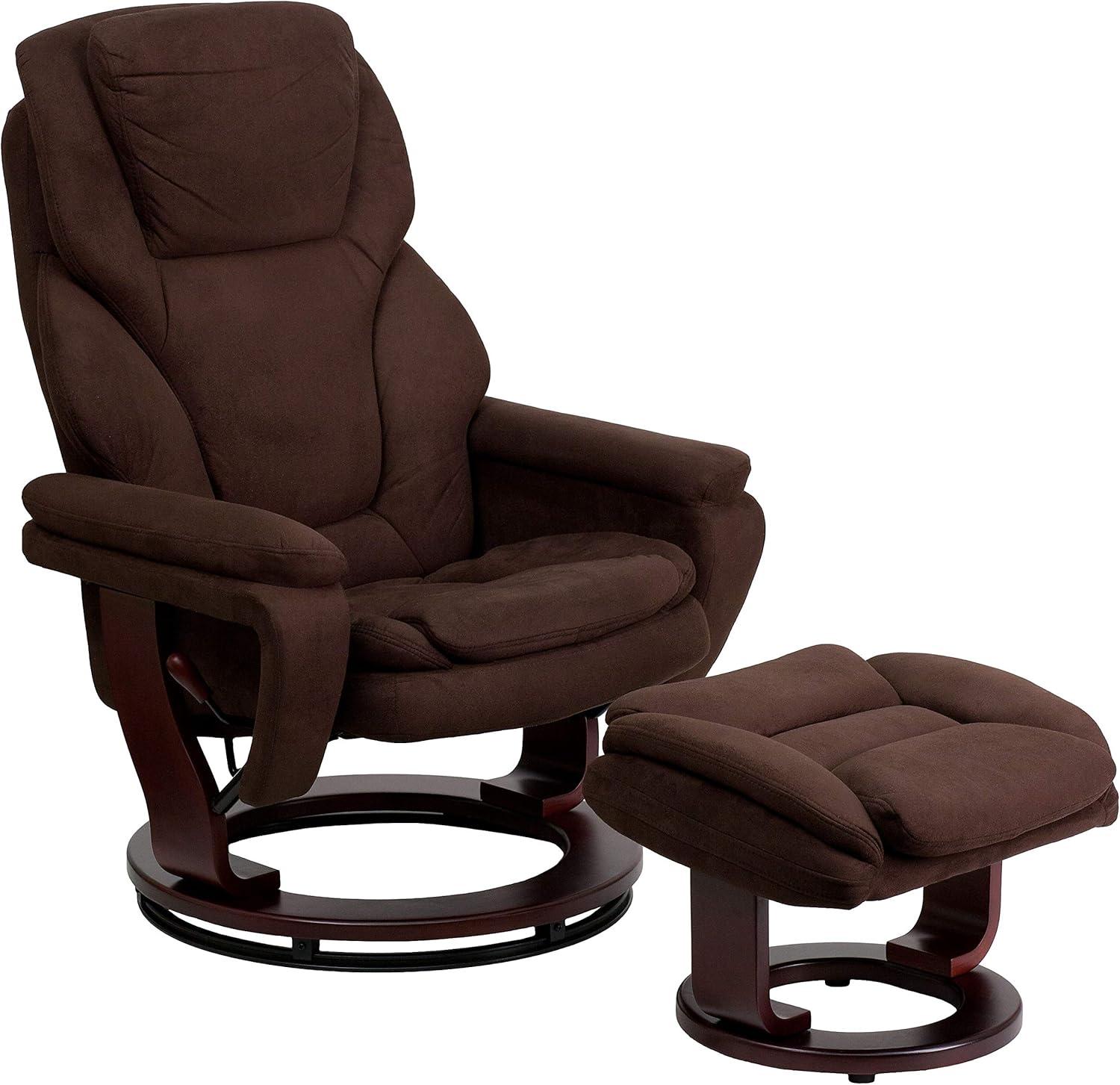 Flash Furniture Contemporary Multi-Position Recliner and Ottoman with Swivel Mahogany Wood Base in Brown Microfiber