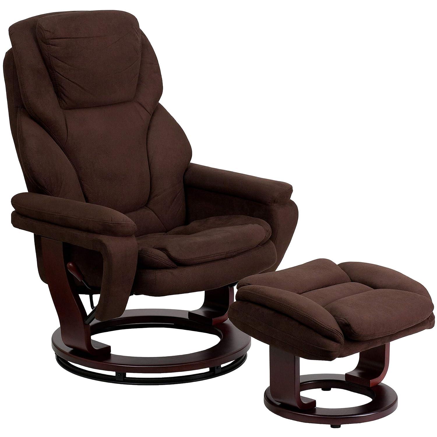 Flash Furniture Contemporary Multi-Position Recliner and Ottoman with Swivel Mahogany Wood Base in Brown Microfiber