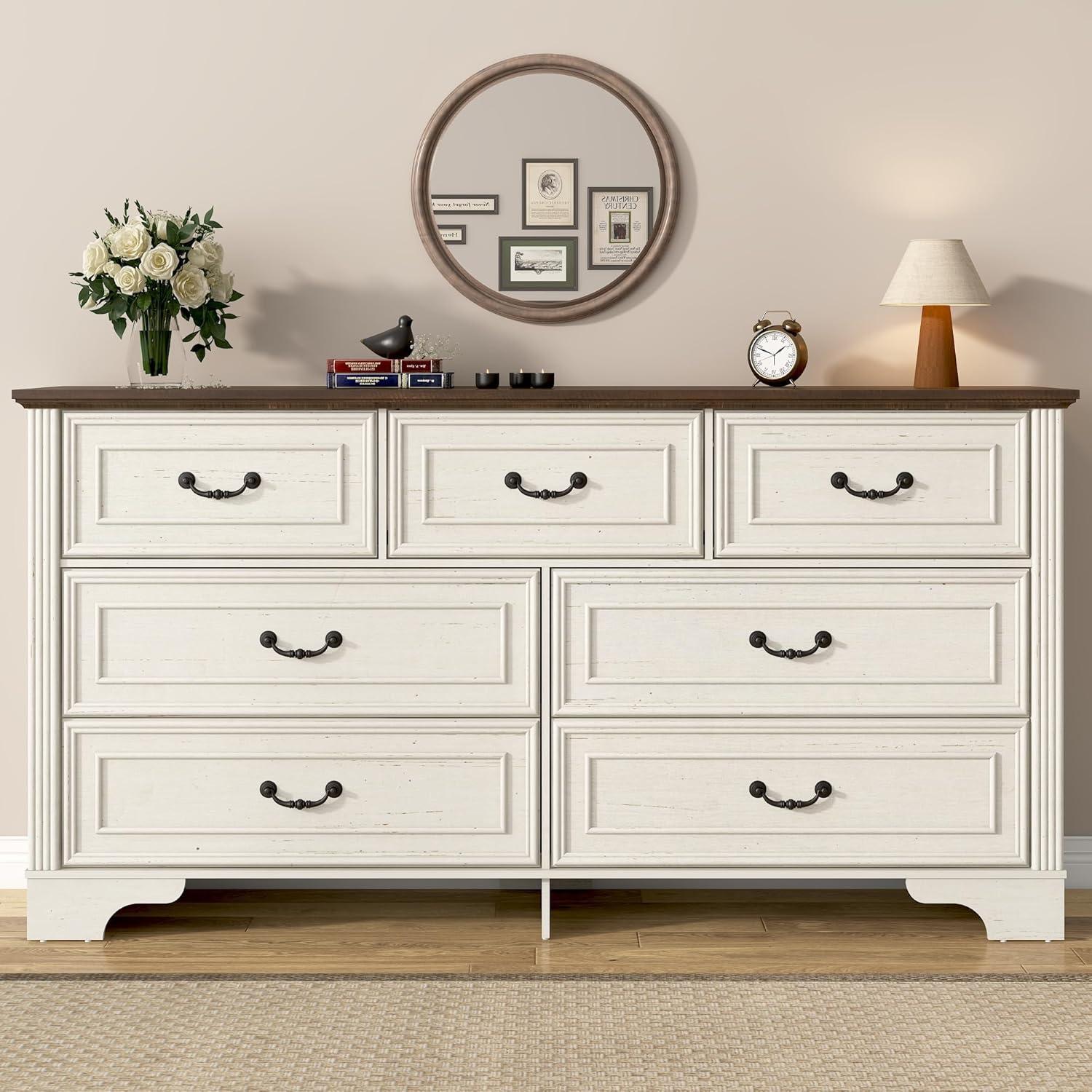 Charlton Home® 59" Farmhouse Dresser With 7 Spacious Drawers – Rustic Wooden Storage Cabinet For Bedroom, Living Room, Or Entryway