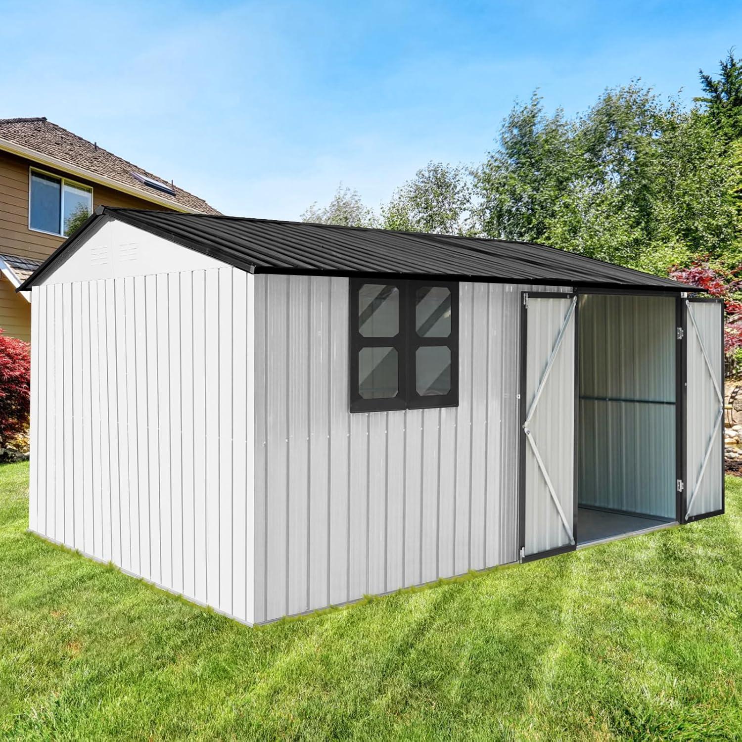 10' x 12' Black and White Metal Garden Shed with Windows