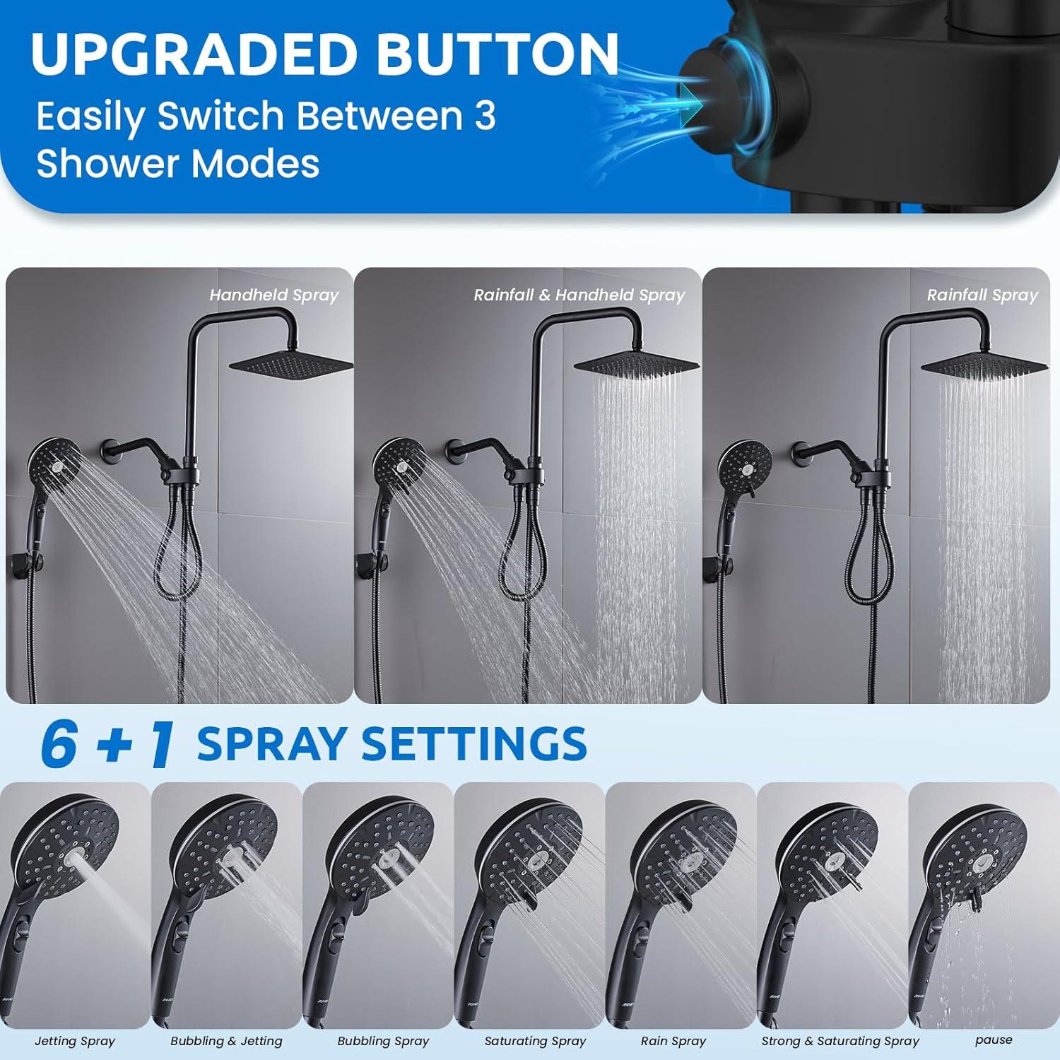 8" Dual Shower Head Combo, Rainfall Shower Head with Handheld, 6 Spray Settings Angle Adjustable Handheld Shower Head with Pause, Height Adjustable, Matte Black