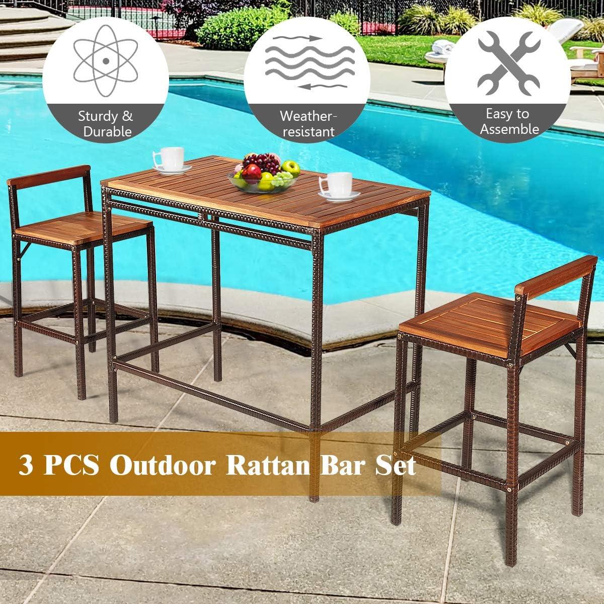 Brown Acacia Wood and Steel 3-Piece Patio Bar Set