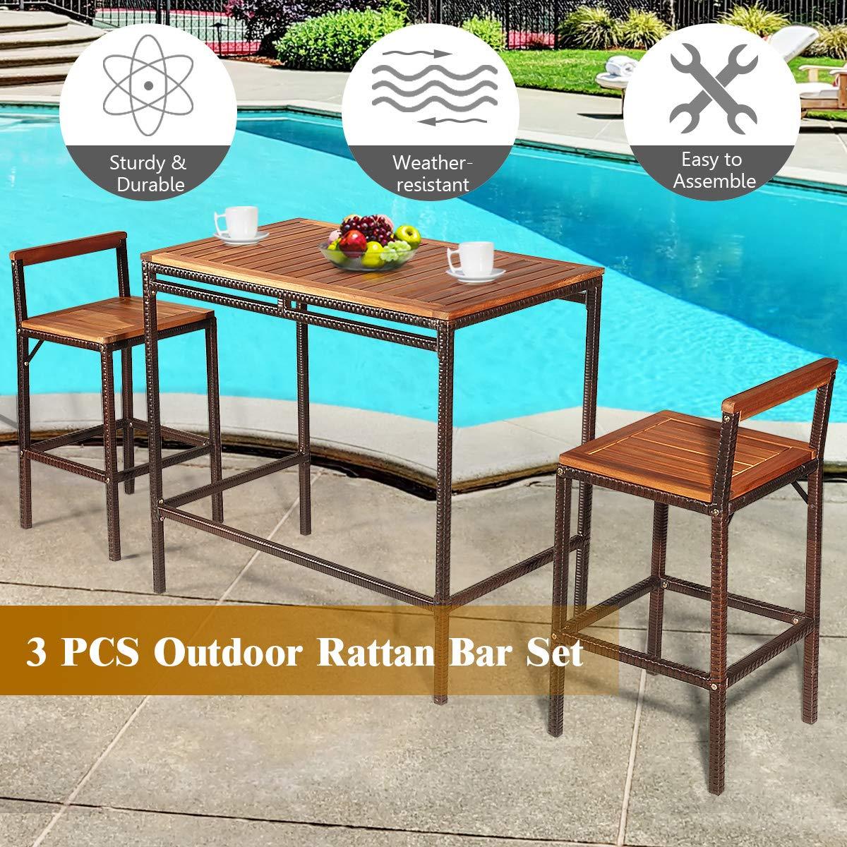 Brown Acacia Wood and Steel 3-Piece Patio Bar Set