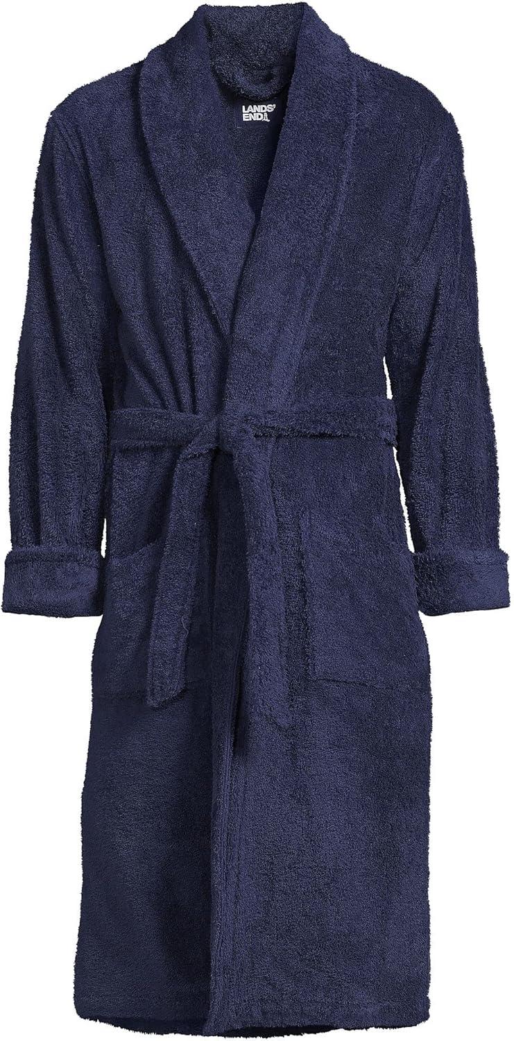 Men's Calf Length Navy Blue Cotton Terry Bathrobe