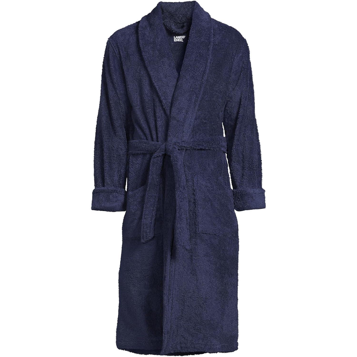 Lands' End Men's Calf Length Turkish Terry Robe - Medium - Deep Sea Navy