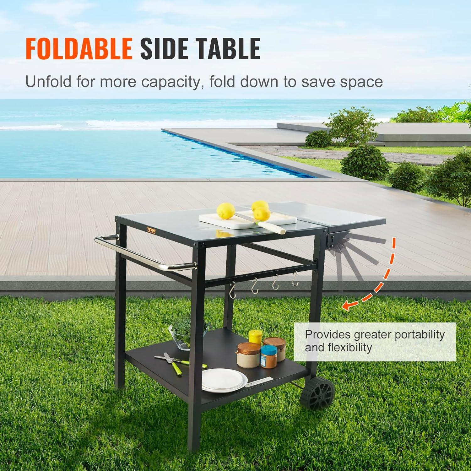 VEVOR Outdoor Grill Dining Cart with Double-Shelf, BBQ Movable Food Prep Table, Multifunctional Iron Table Top, Portable Modular Carts for Pizza Oven