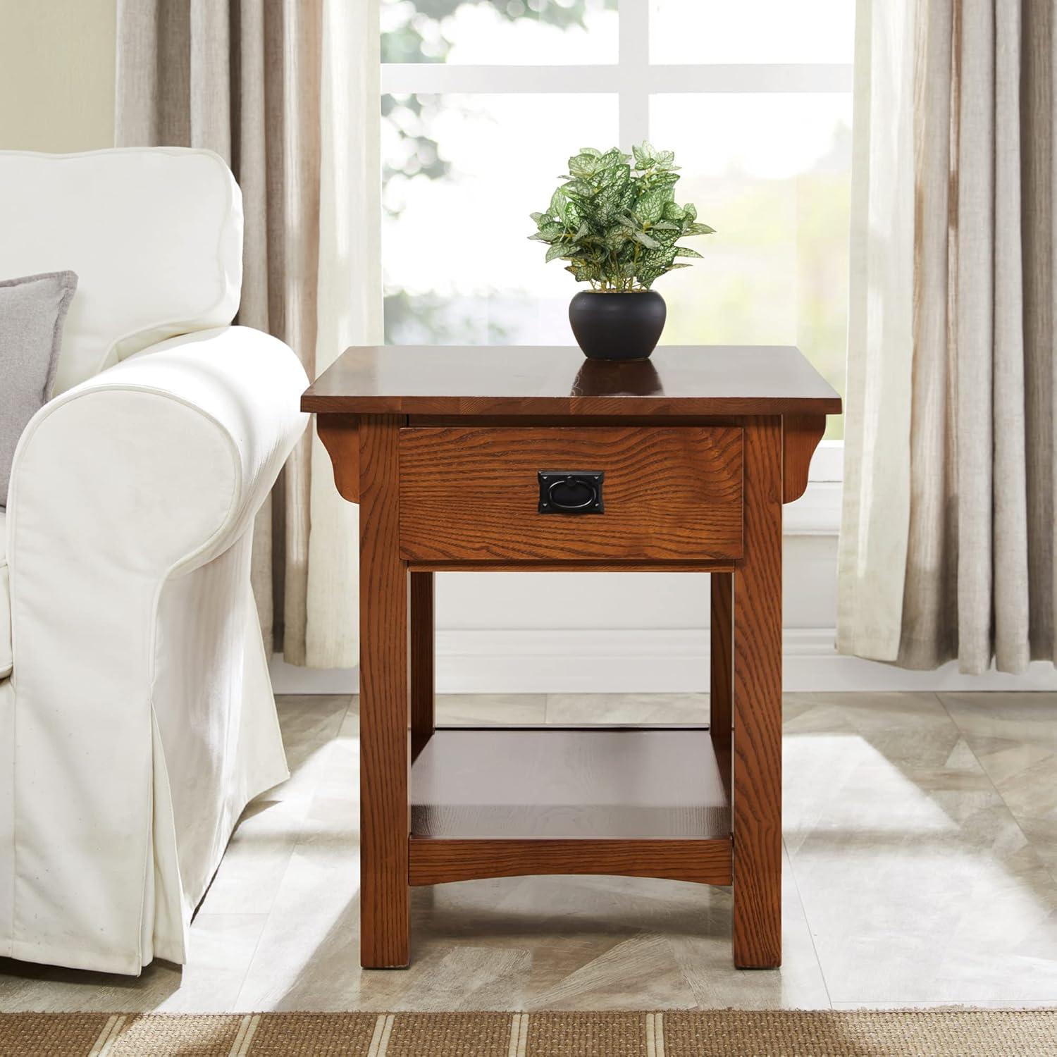 Medium Oak Wood Rectangular End Table with Storage