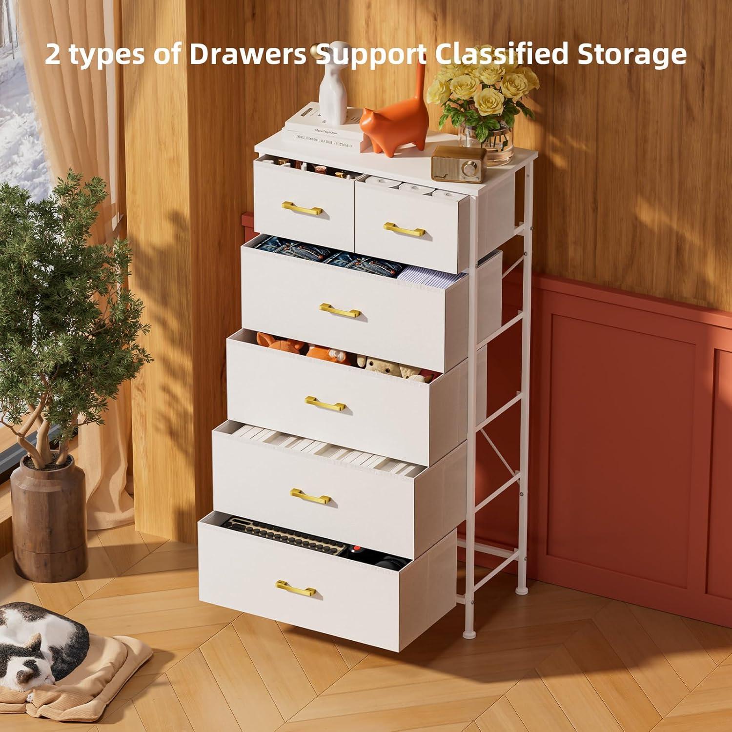 White Tall Dresser with Gold Handles and Fabric Bins