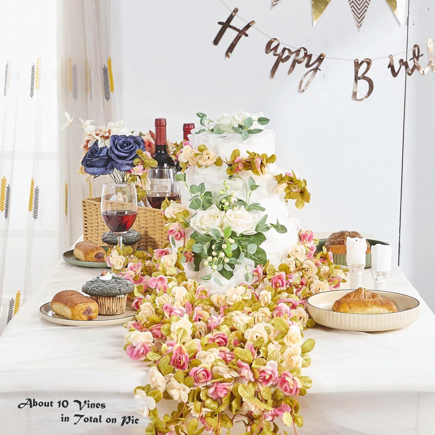 Flower Garland, Artificial Hydrangea Vine Flowers, Hanging Fake Hydrangeas Vine for Room Anniversary Wedding Birthday Christmas Wall Arch Decor, 2 Pcs, Floral Garland, Champagne Flower