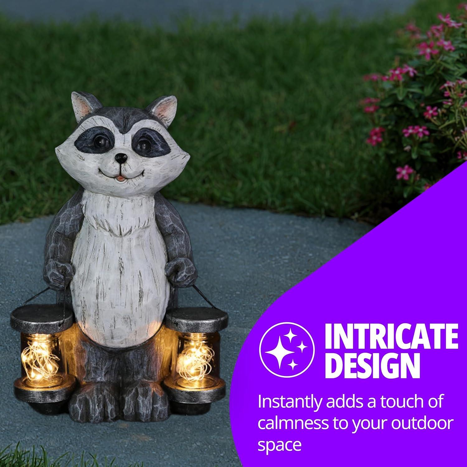 Exhart Solar Firefly Jar Raccoon Garden Statuary, 10 Inches tall