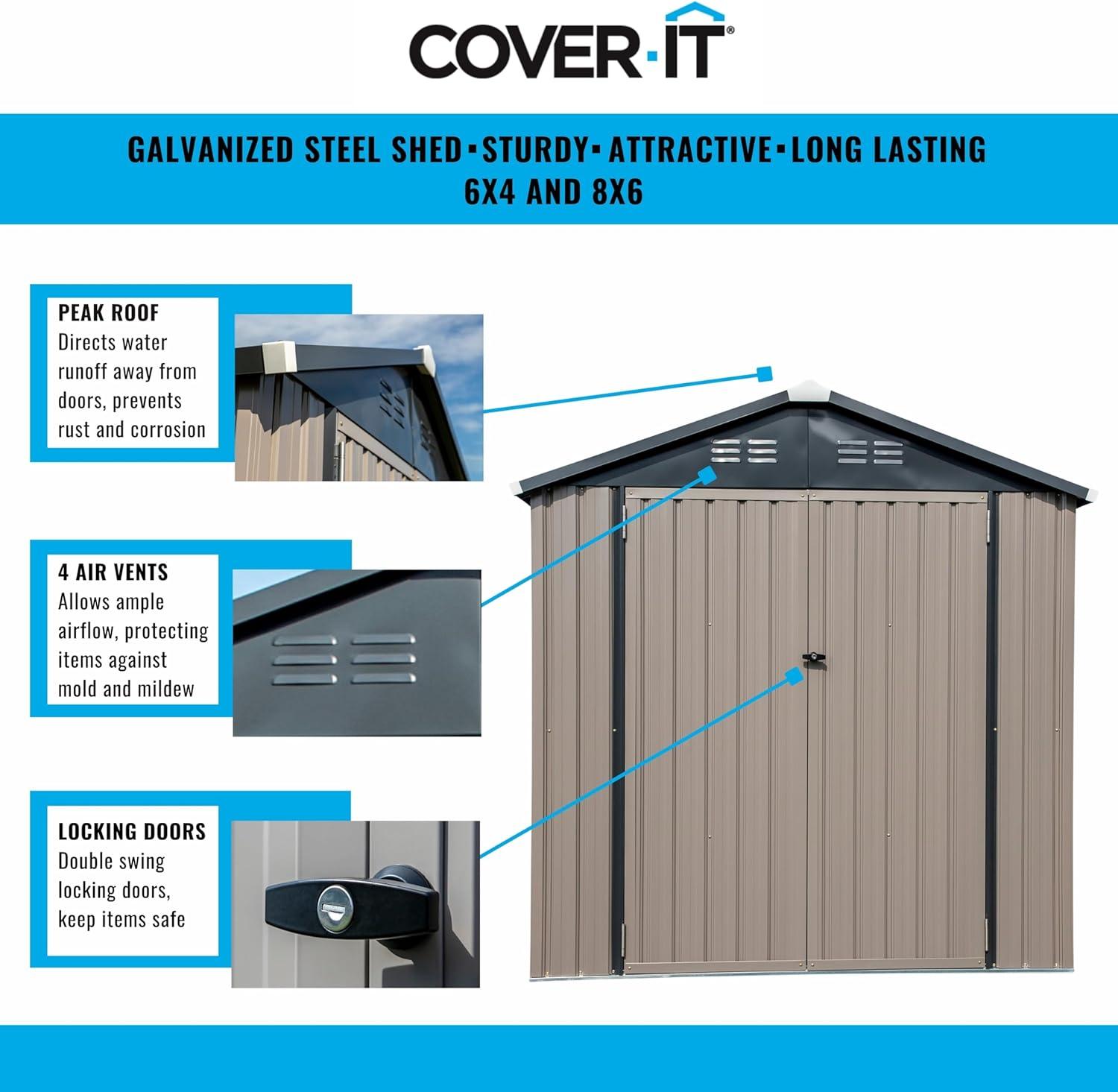 Tan 6' x 8' Galvanized Steel Outdoor Storage Shed with Lockable Doors