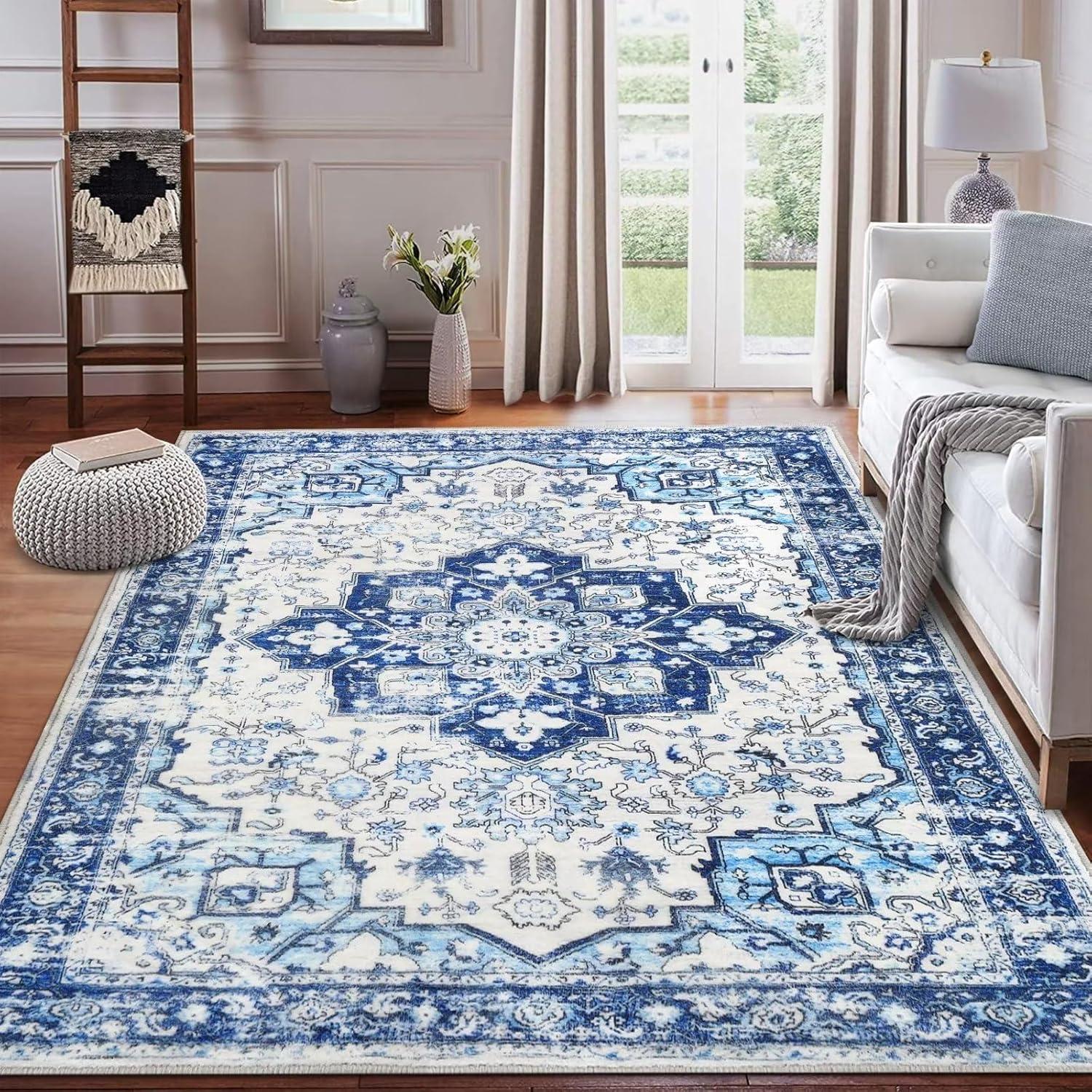 Hasoo 3' x 5' Area Rug Medallion Print Distressed Entryway Rug Persian Soft Foldable Accent Rug for Bedroom Living Room, Blue