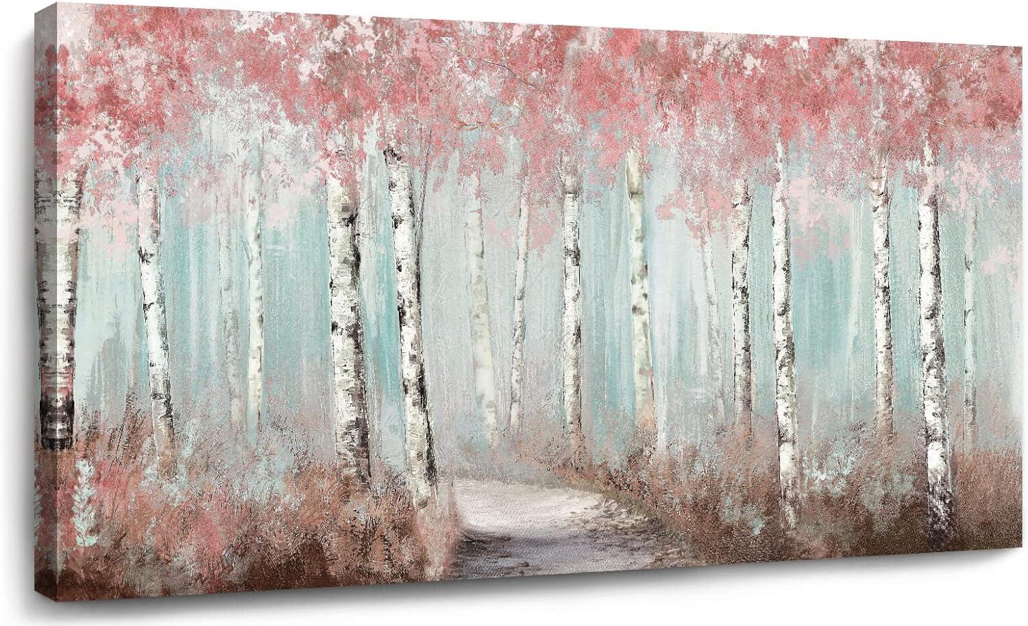 Pink and Blue Birch Tree Landscape Framed Canvas Painting