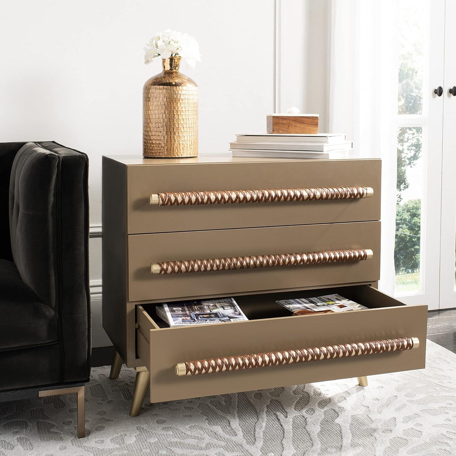 Raquel 3 Drawer Chest - Taupe/Gold/Brown Faux Leather - Safavieh.
