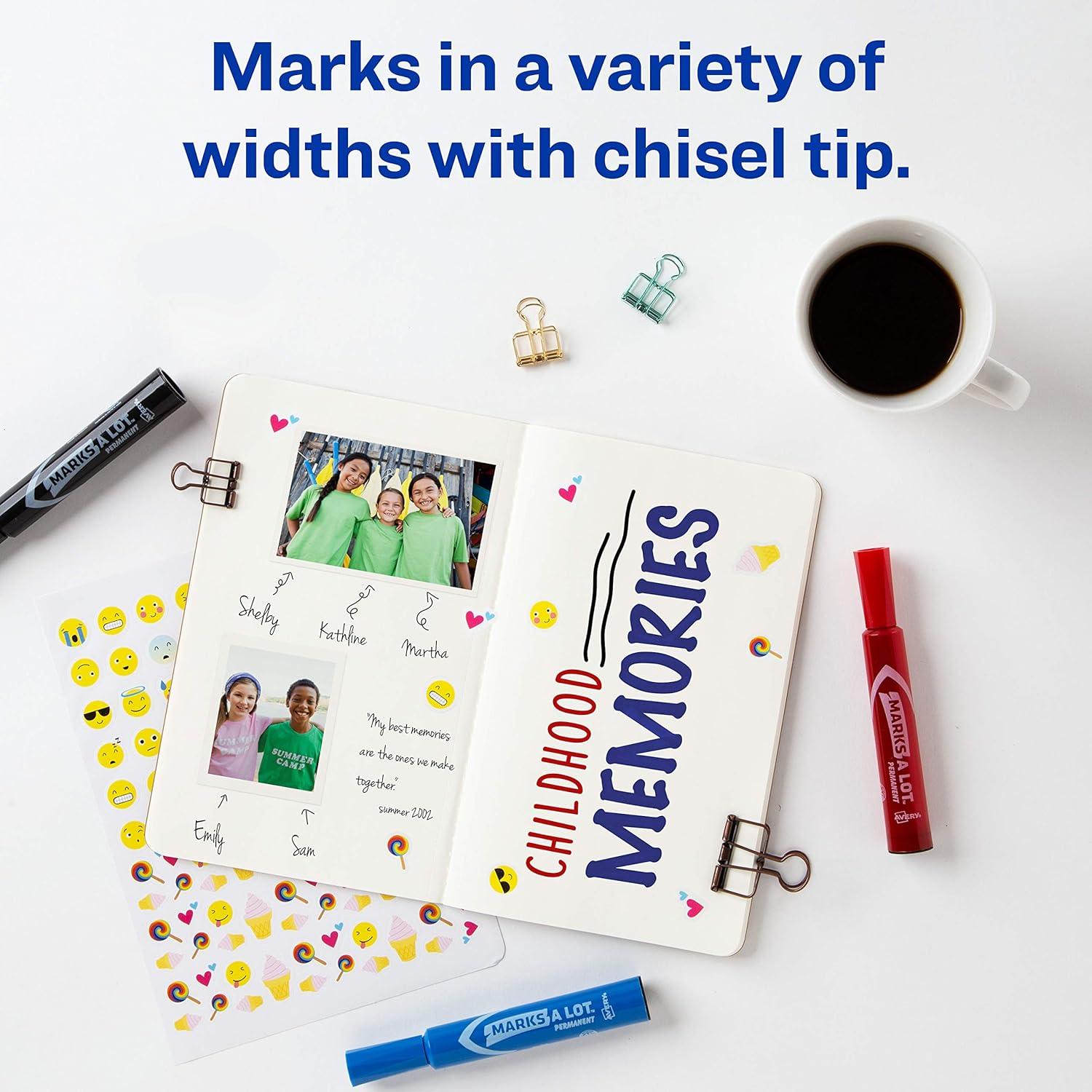 Avery Marks A Lot Permanent Markers, Regular Desk-Style, Asstd, 4/PK Regular Marker Point - Chisel Marker Point Style - Black, Blue, Red - Black, Blue, Red Barrel - 4 / Pack