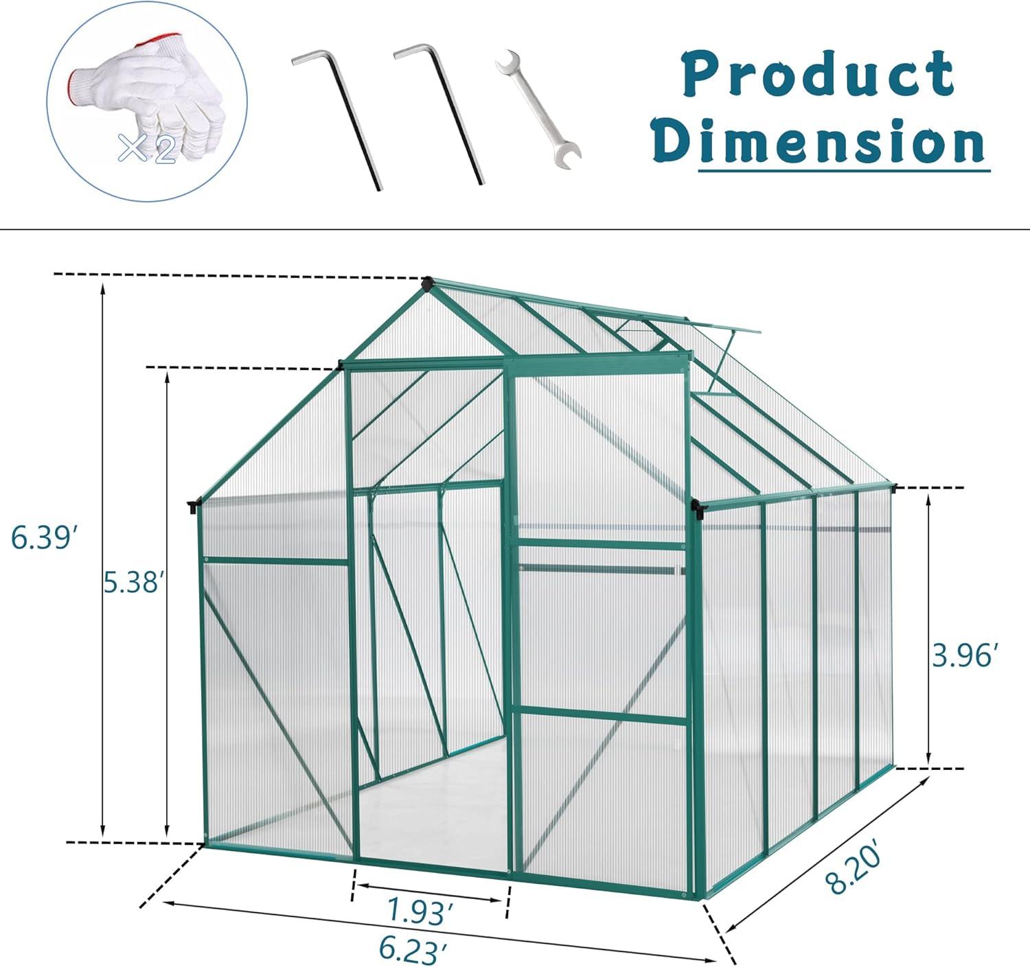 Historyli Go5H 6x8 FT Polycarbonate Greenhouse With Sliding Door Adjustable Roof Aluminum Walk-in Greenhouses For Outdoor Patio Backyard