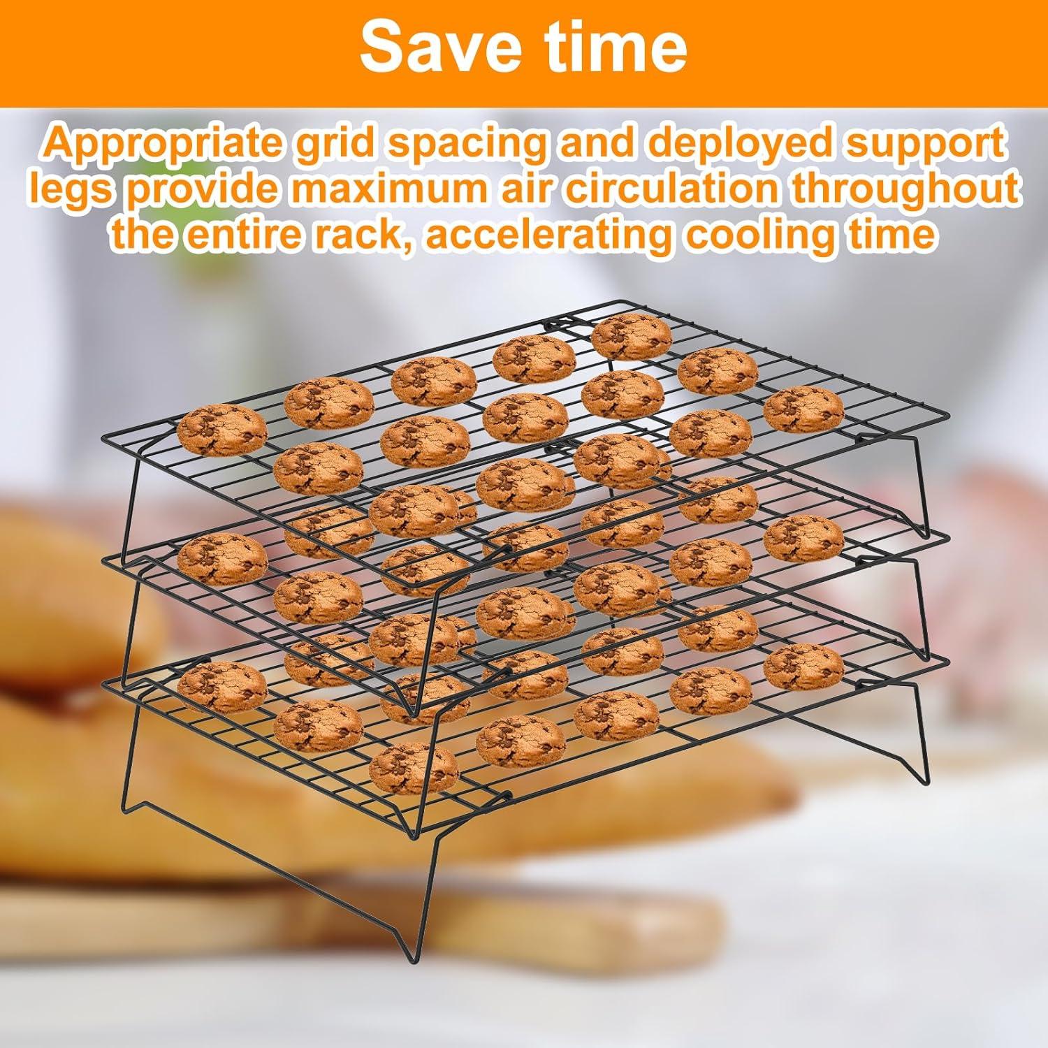 Duslogis 3-Tier Cooling Rack for Cookies, Cake and More, Stackable Non-Stick Baking Cooking Cooling Racks for Cooling Roasting Grilling, Black