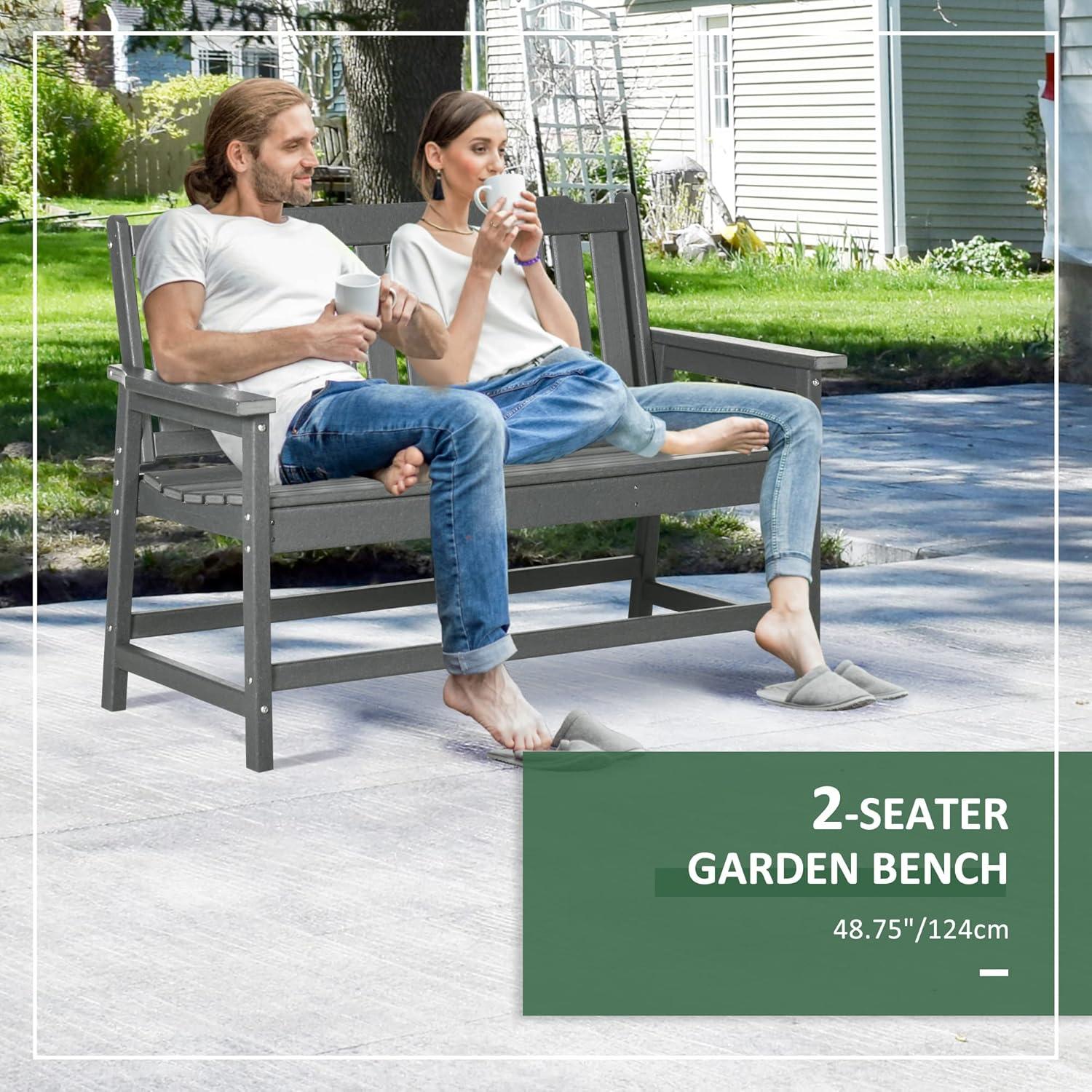 Dark Gray HDPE 2-Person Outdoor Garden Bench with Armrests