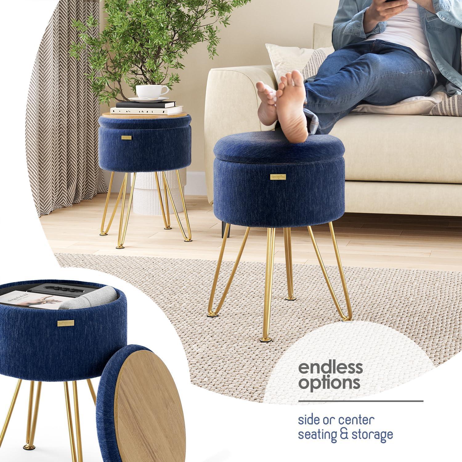 StorageBud Round Ottoman with Storage, Textured Velvet Storage Ottoman, Modern Foot Stool for Living Room and Bedroom - Blue with Gold Legs