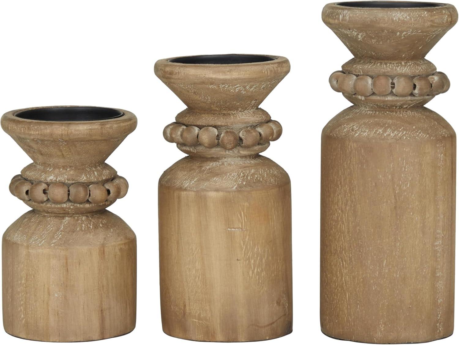 DecMode 3 Candle Brown Wood Candle Holder, Set of 3