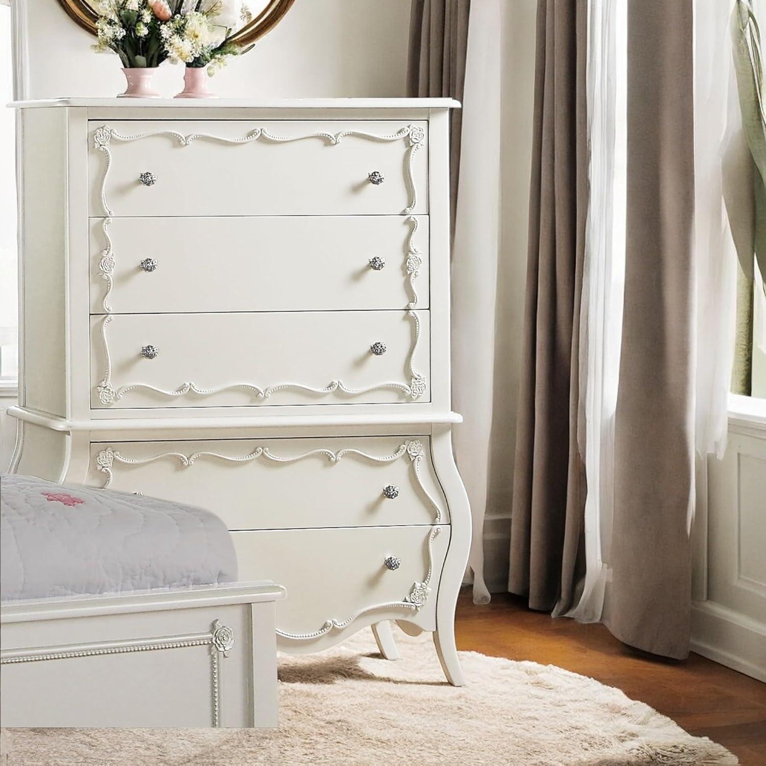 Edalene 37" Decorative Storage Drawers Pearl White - Acme Furniture: Clear Rosette Knobs, Floral Felt-Lined, Nickel Rose Hardware