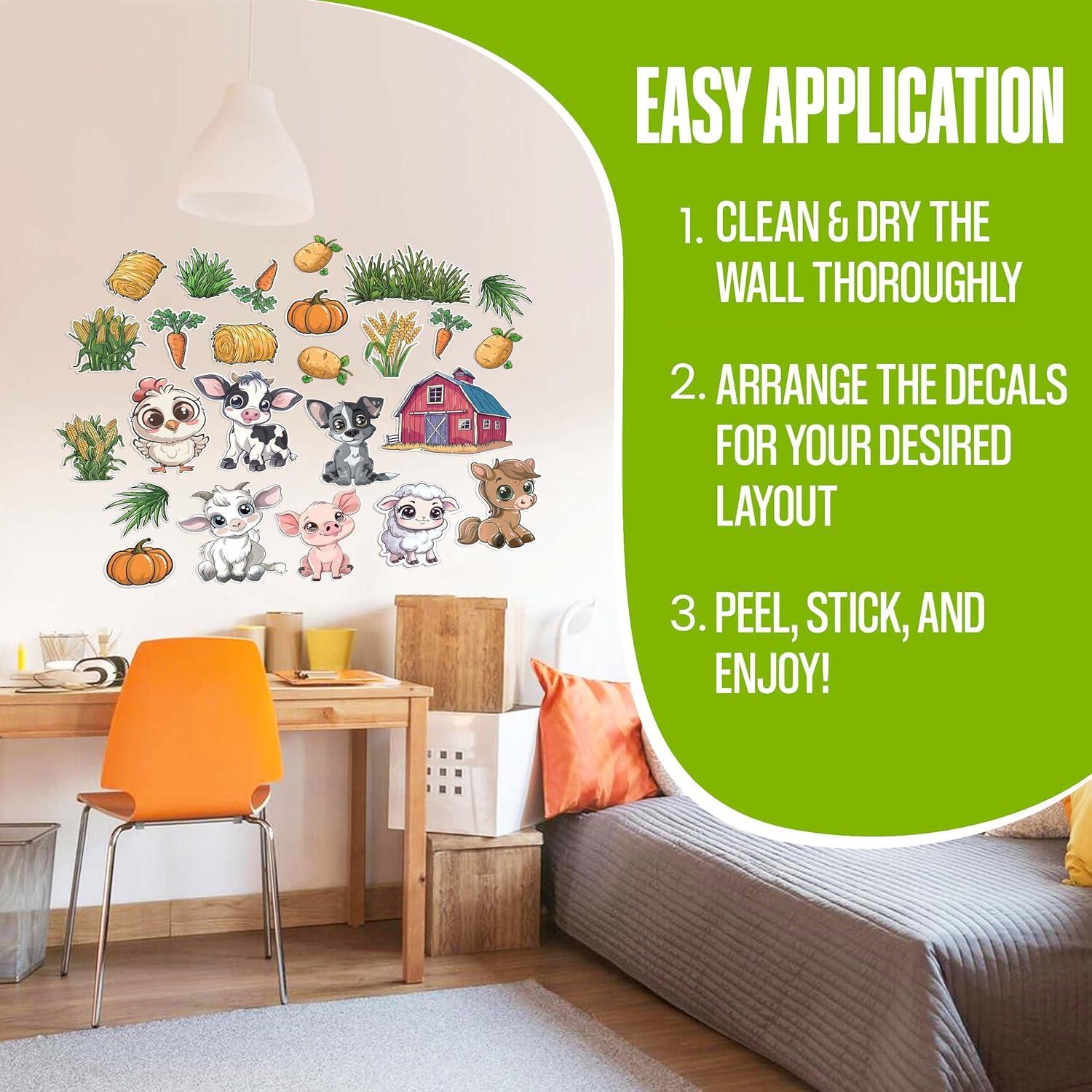 Farm Animal Stickers for Walls - Hi-Res Vinyl Animal Wall Decals for Nursery & Classroom - Animal Stickers for Kids Room Wall Decor - Easy Application Adhesive Decals