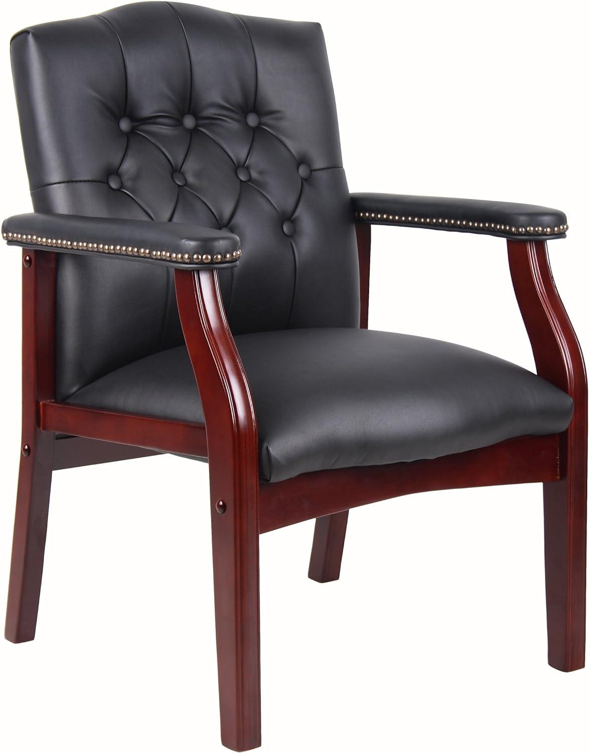 Classic Traditional Button Tufted Black Vinyl Guest Chair with Mahogany Wood Frame