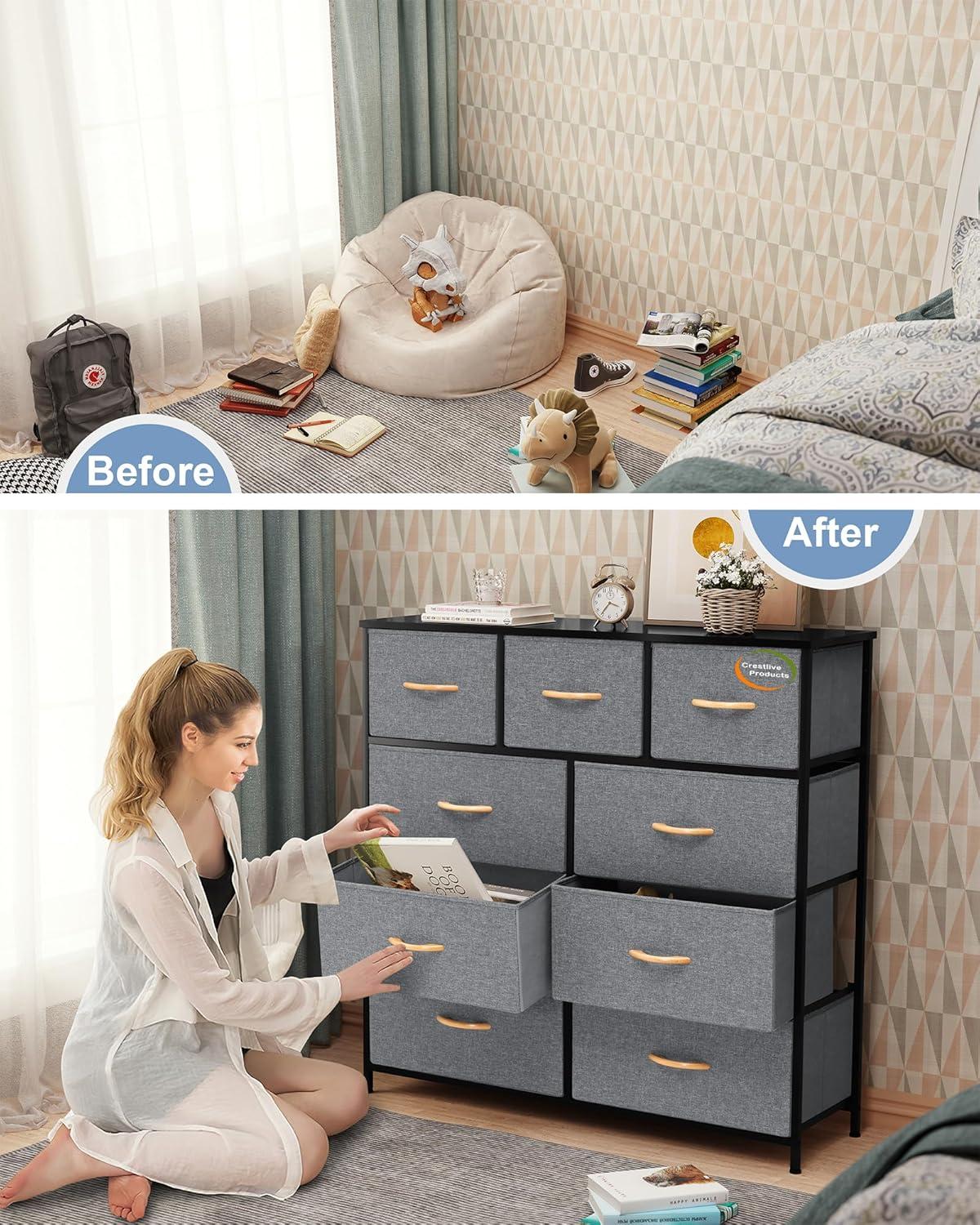 Crestlive Products Home Extra Wide Closet Dresser Storage Tower Organizer Unit 9 Drawers Grey Dark Wood