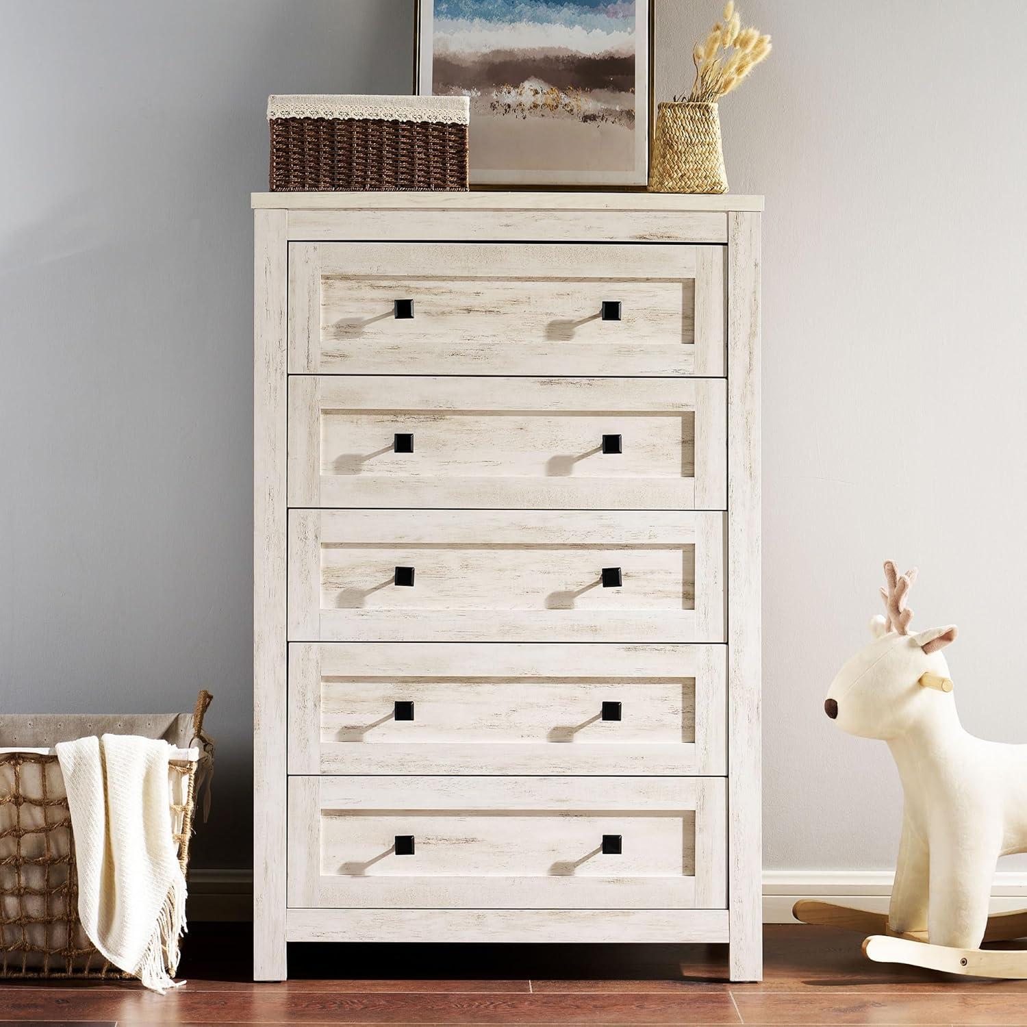 Lifewit Farmhouse 5 Drawers Dresser for Bedroom, Dressers & Chests of Drawers, Tall Wooden Dresser Organizer for Bedroom, Living Room, Hallway, Entryway, Rustic White