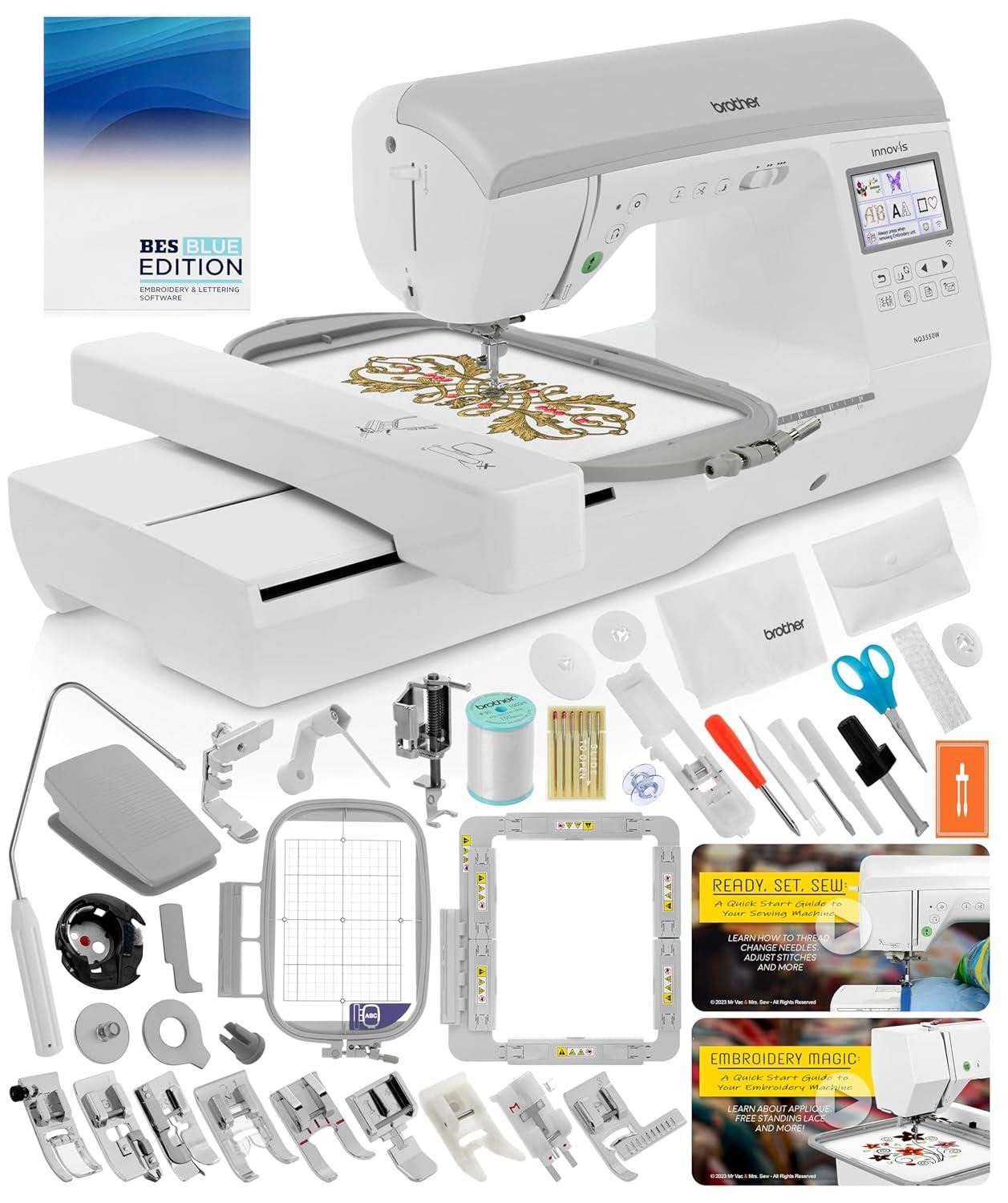 Brother NQ3550W Sewing & Embroidery Machine, 6" x 10" Field Size, 291 Stitches, Includes BES Lettering Software + Brother Magnetic SAMF180 Hoop + Mr. Vac & Mrs. Sew - Embroidery + Sewing Videos