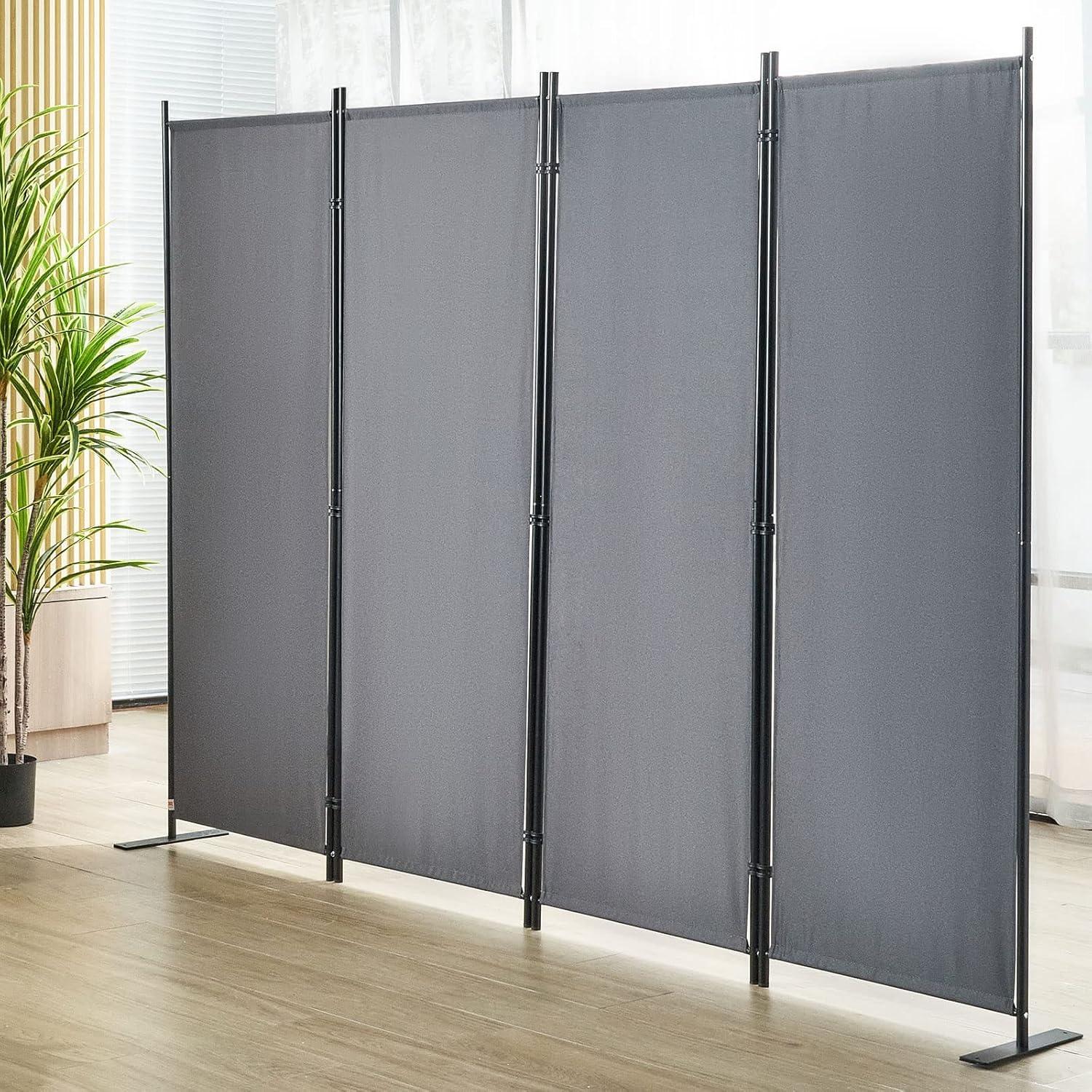 Gray 4-Panel Folding Room Divider with Metal Frame