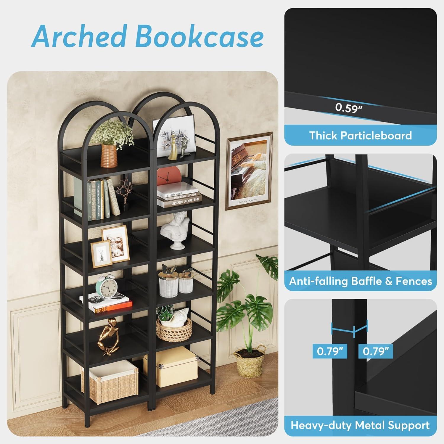 Tribesigns 6-Tier Open Bookshelf, 78.7" Tall Arched Bookcase Narrow Bookshelf, Black