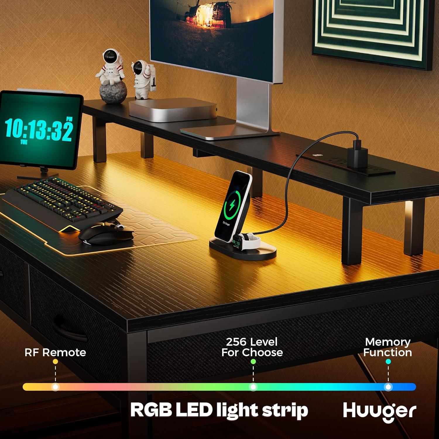 Computer Desk With 3 Drawers, Office Desk Gaming Desk With LED Lights & Power Outlets, Home Office Desks With Storage Space For Bedroom, Work From Home, (47 Inch )