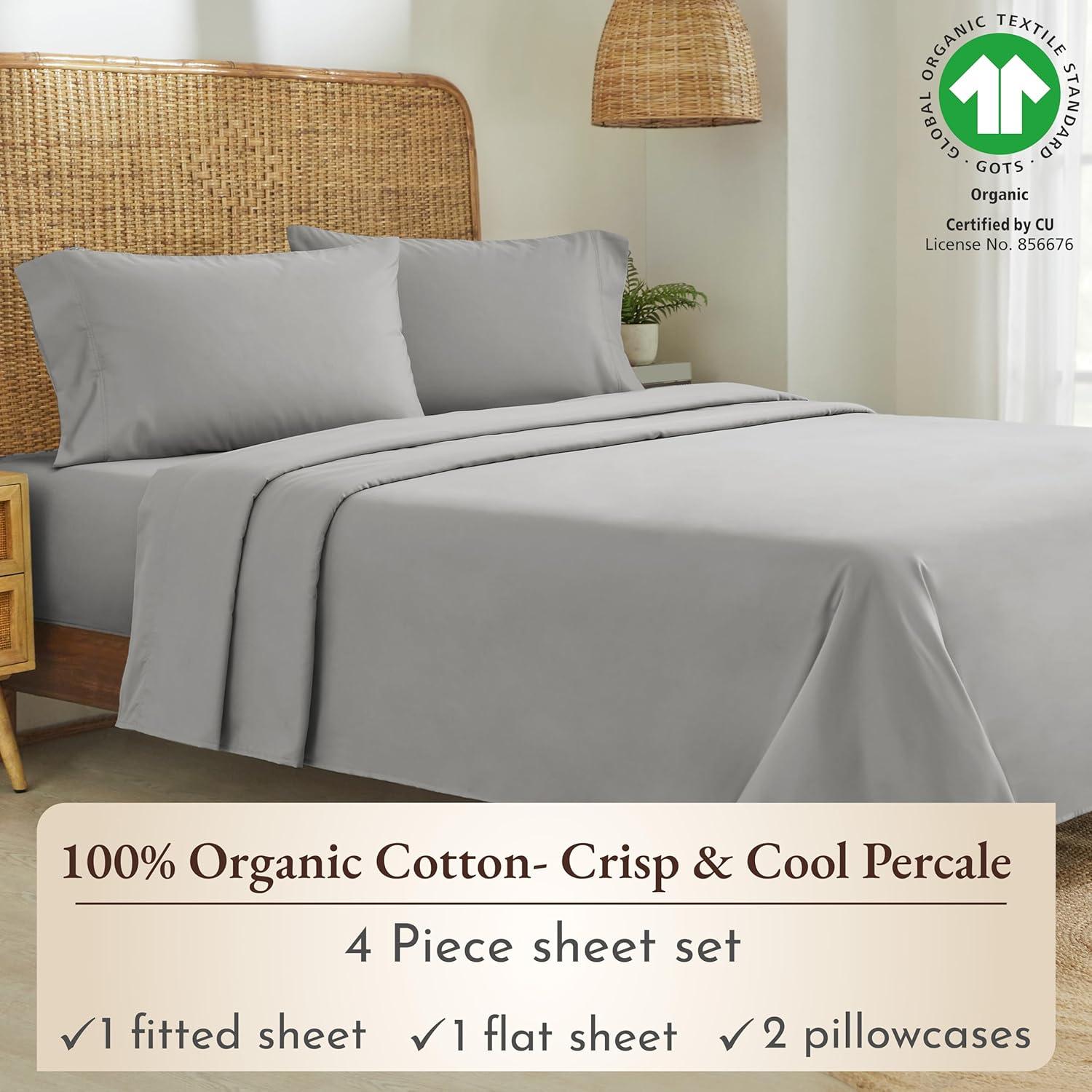 California Design Den  Bed Sheets Set - 100% Organic Cotton Percale, Deep Pocket, GOTS Certified