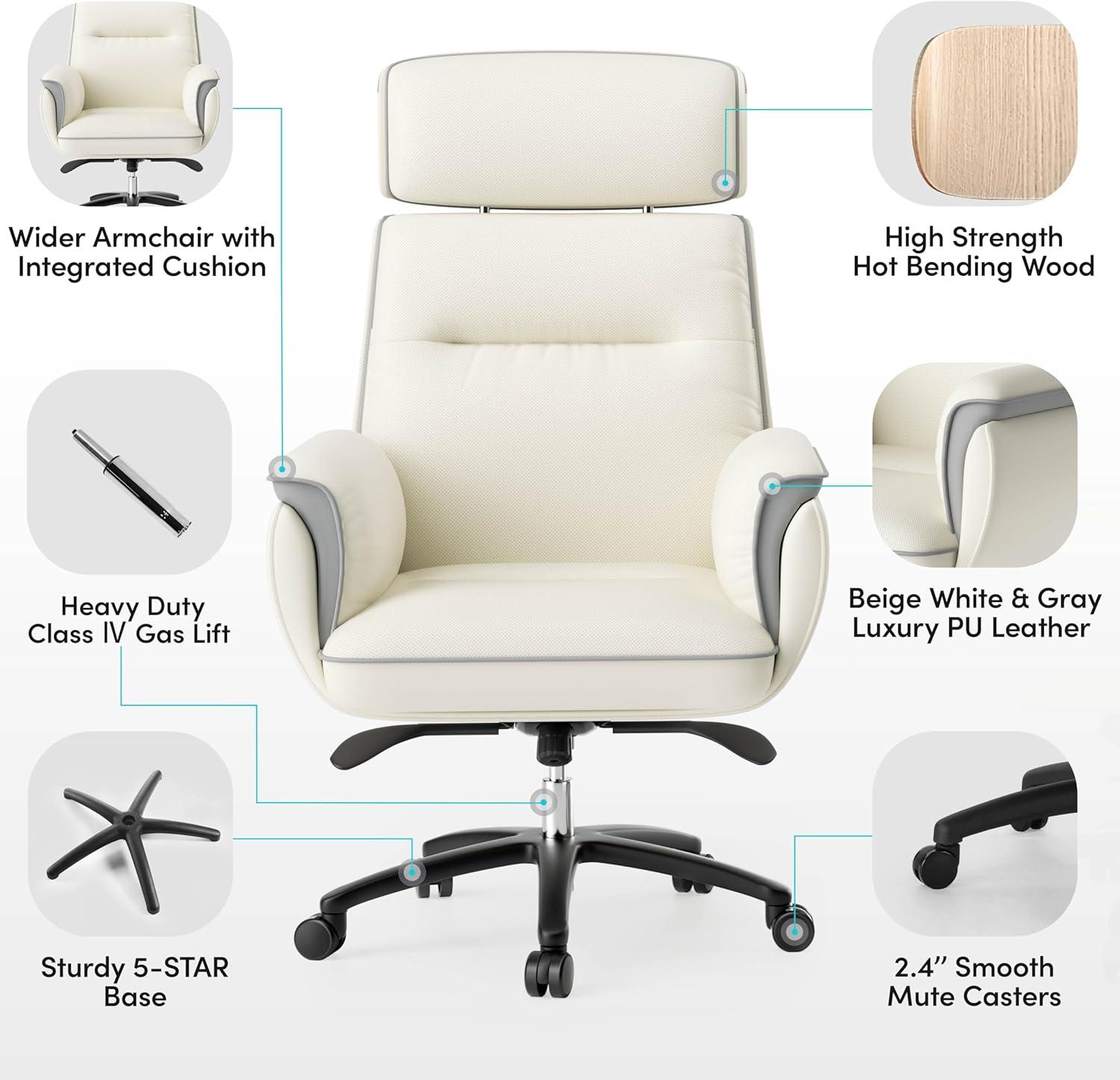 Beige White High Back Swivel Leather Executive Chair