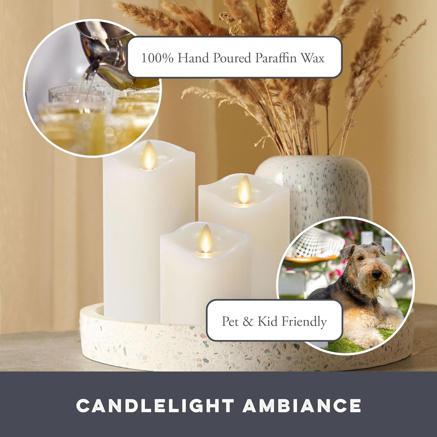 Matchless Candle Co. by Luminara Set of 3 (3" x 4.5",5.5",6.5") Flameless LED Flickering Battery Candle Moving Flame Pillar, Melted Edge, Real Wax Smooth Finish (Unscented)