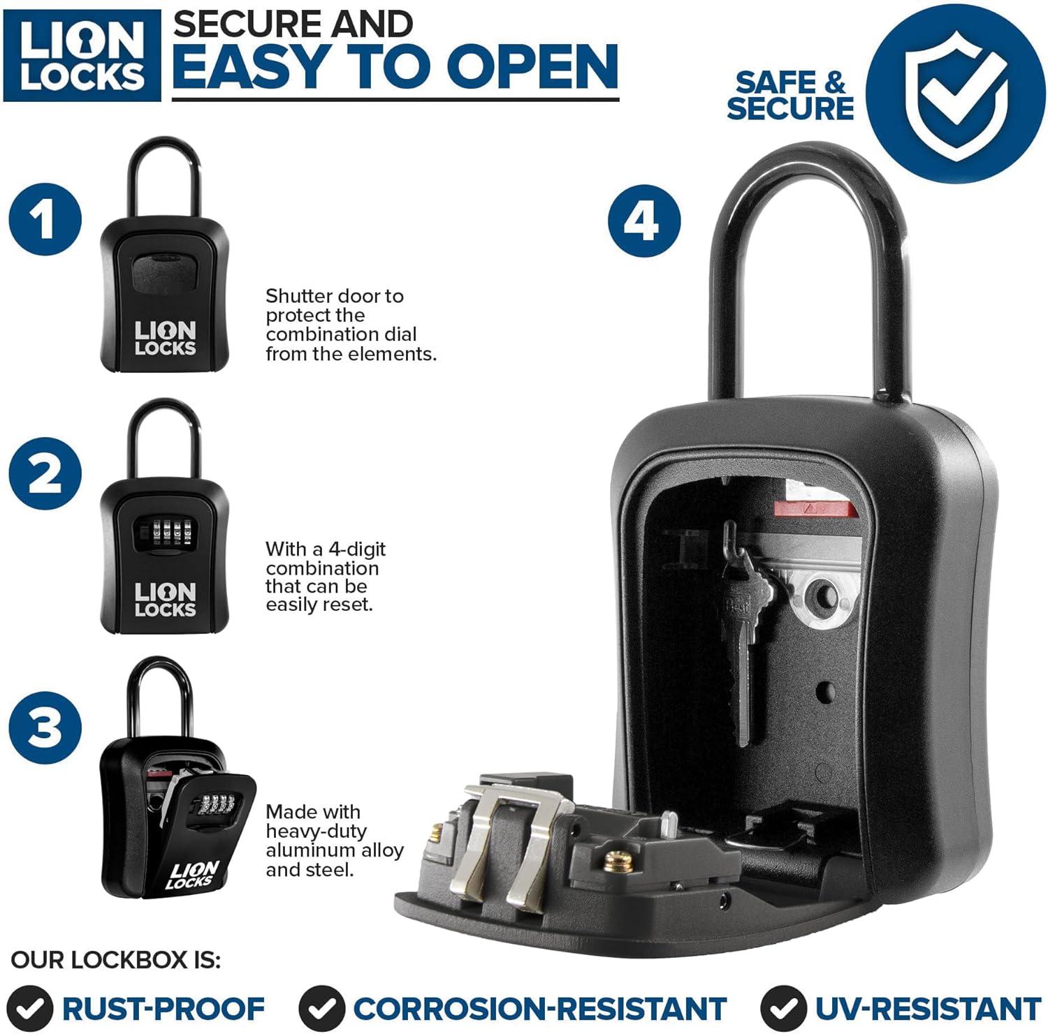 Lion Locks Key Lock Box, Small Lock Box with Custom Code, Outdoor Key Safe, Hide-a-Key Lock Box for Real Estate, Airbnb, Construction, Black