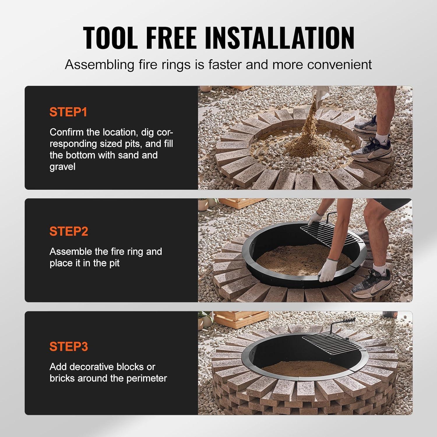 Fire Pit Ring w/ BBQ Fire Ring 35 Inch Outer Steel DIY Campfire Firepit