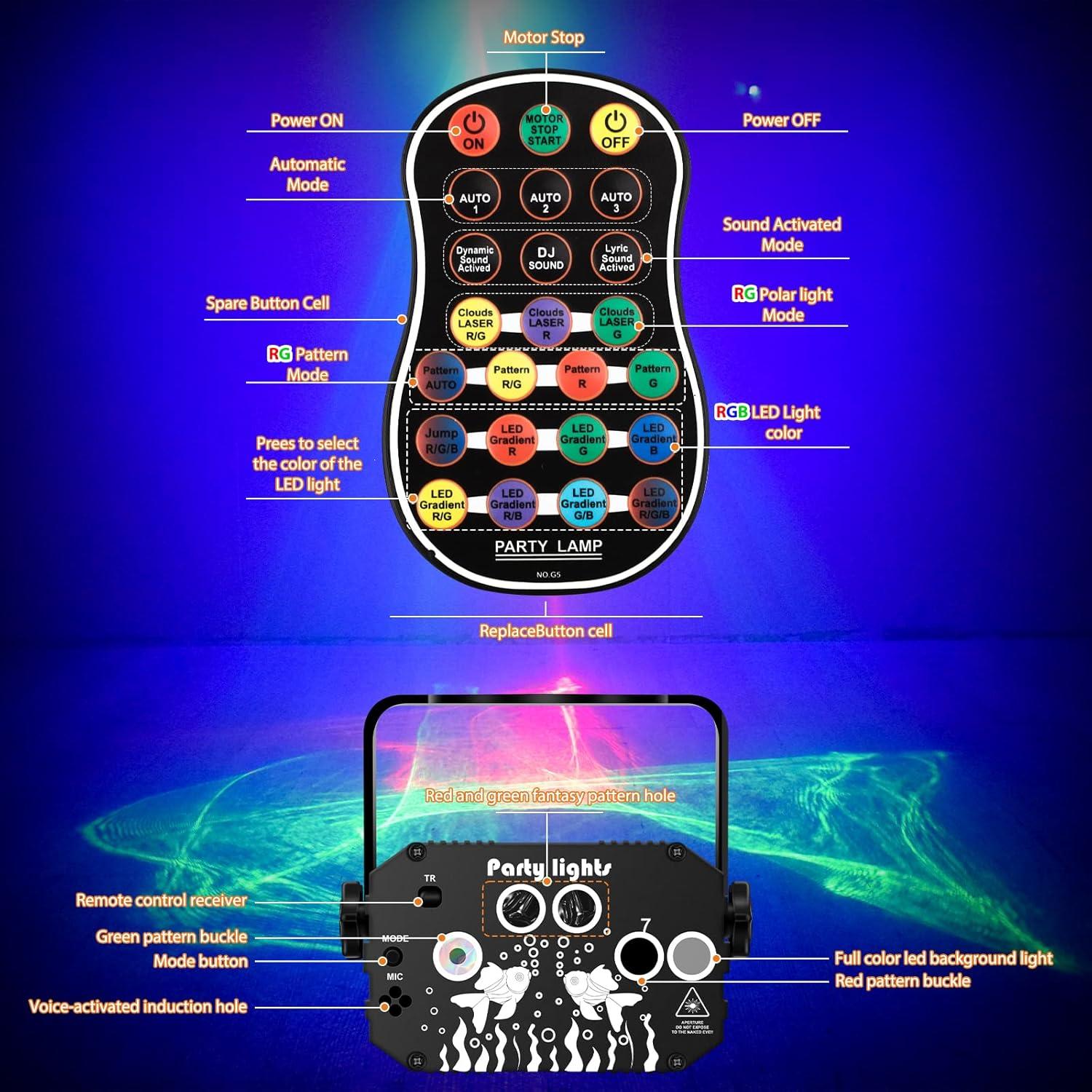 DJ Disco Stage Party Lights - Northern Laser Light Effect RGB Led Sound Activated Strobe Lighting with Remote Control for Indoor Birthday Halloween Karaoke Club KTV