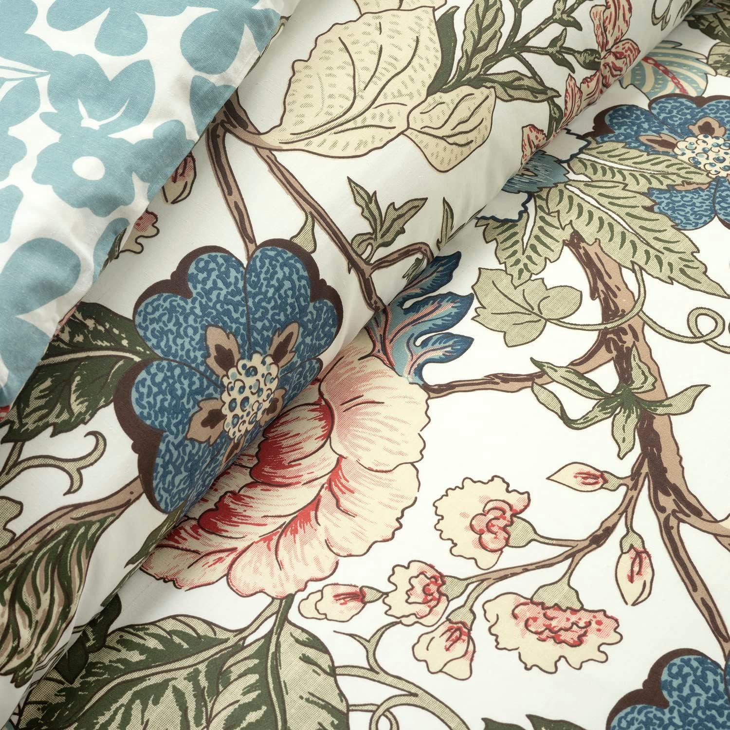 Green and Blue Floral Cotton Reversible Queen Duvet Cover Set