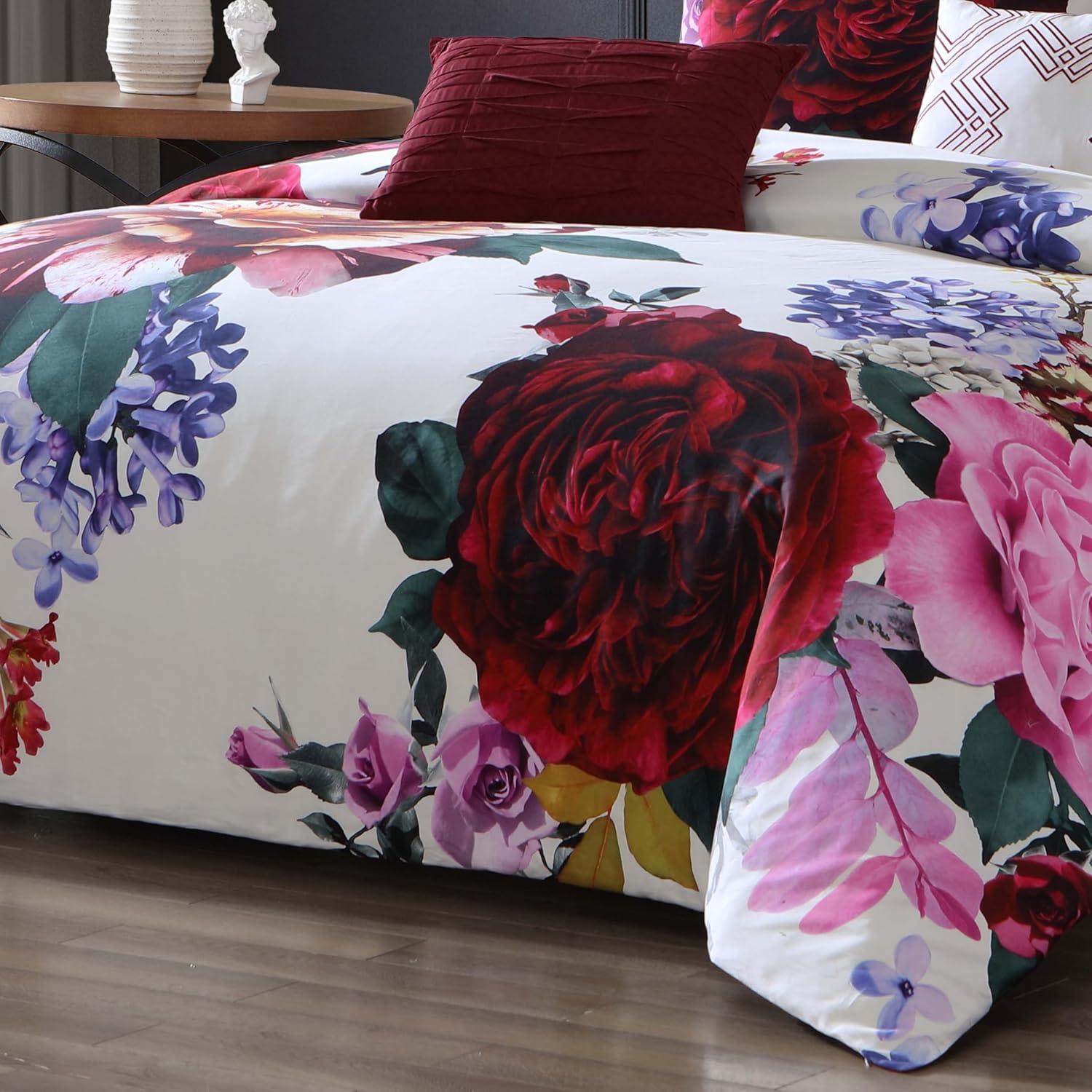 BeBeJan Bebejan Magenta Floral 100% Cotton Sateen 5 Piece Reversible Comforter Set
