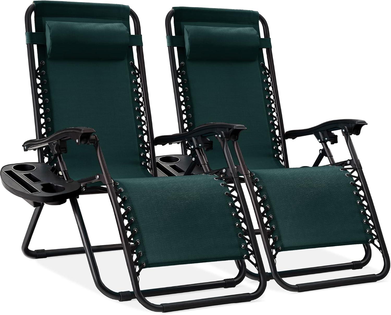 Forest Green Adjustable Zero Gravity Patio Lounger with Cup Holders