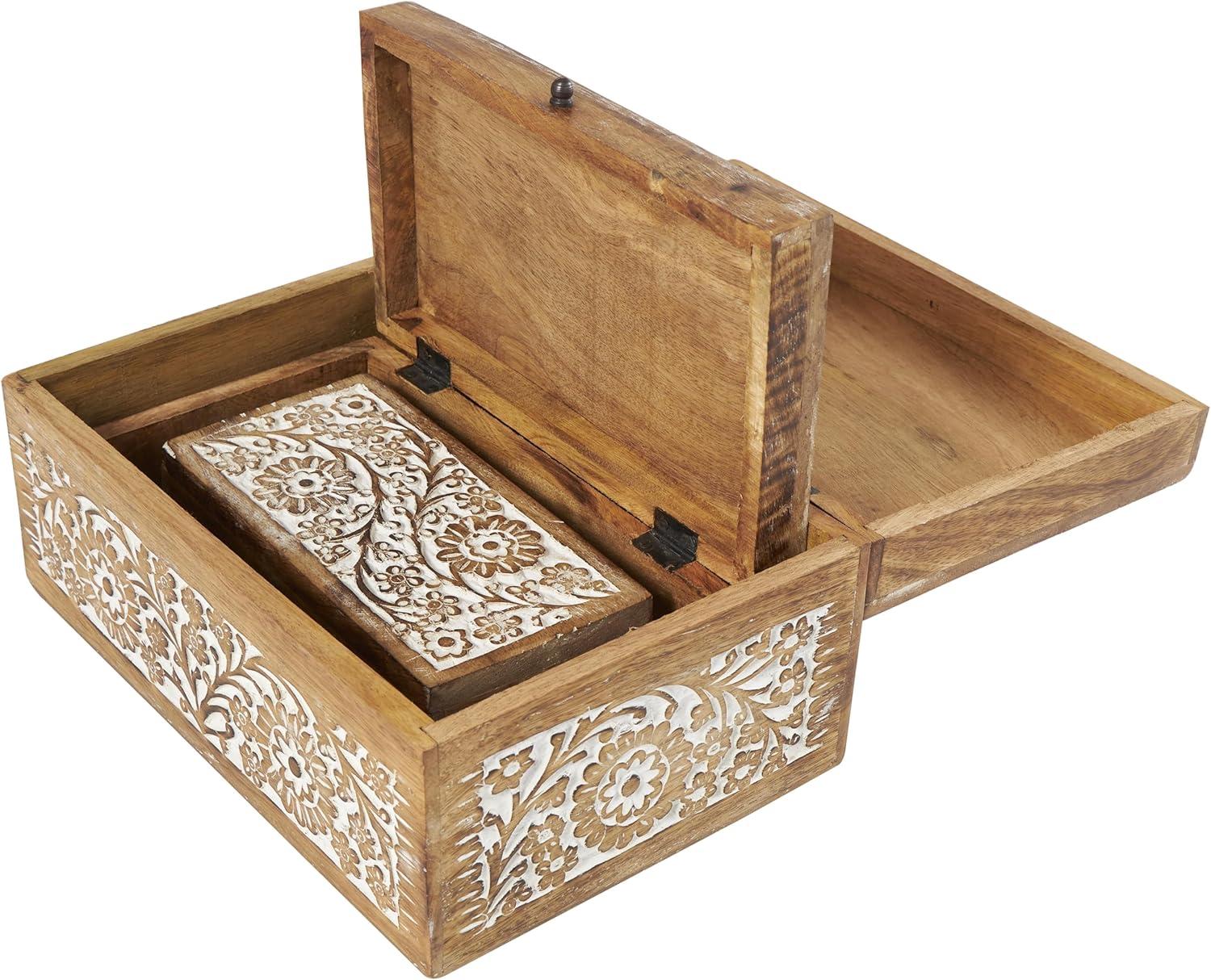 Set of 3 Mango Wood Carved Floral Boxes - Olivia & May: Coastal Style with Lids, Indoor Use, Non-Slip Base